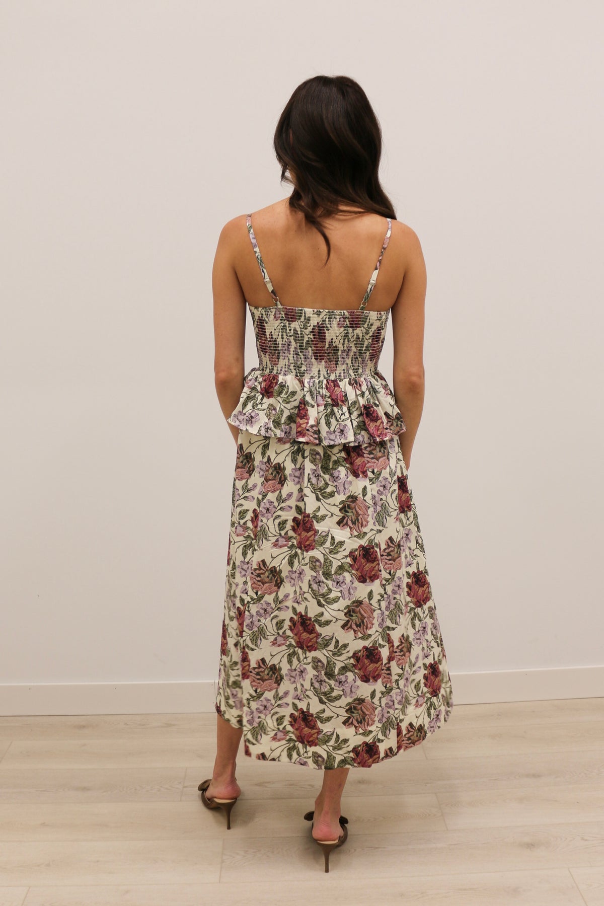 Monterrey Rounded Pleat Floral Midi Dress 100% Cotton - Ecru Multi