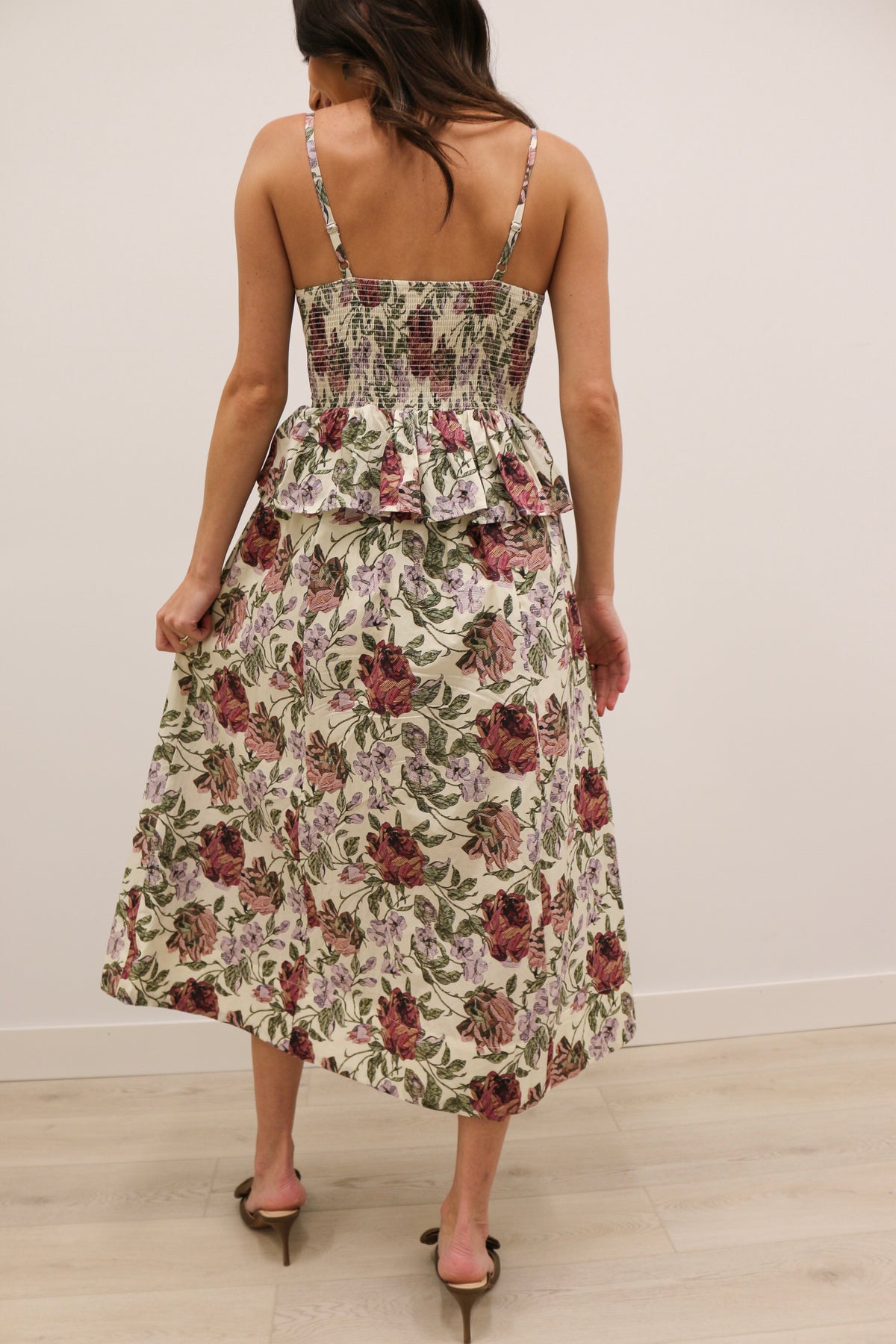 Monterrey Rounded Pleat Floral Midi Dress 100% Cotton - Ecru Multi