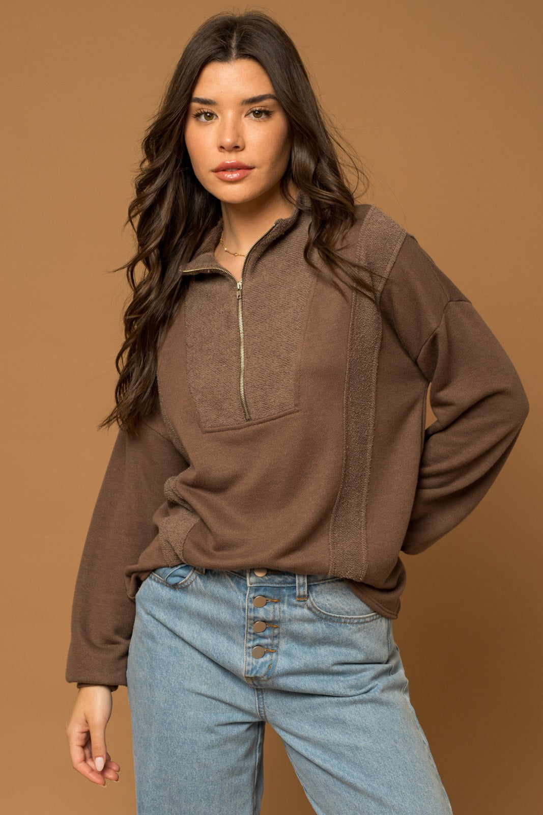 Morgan Long Sleeve Half-Zip Reverse Sweatshirt Pullover - Mocha