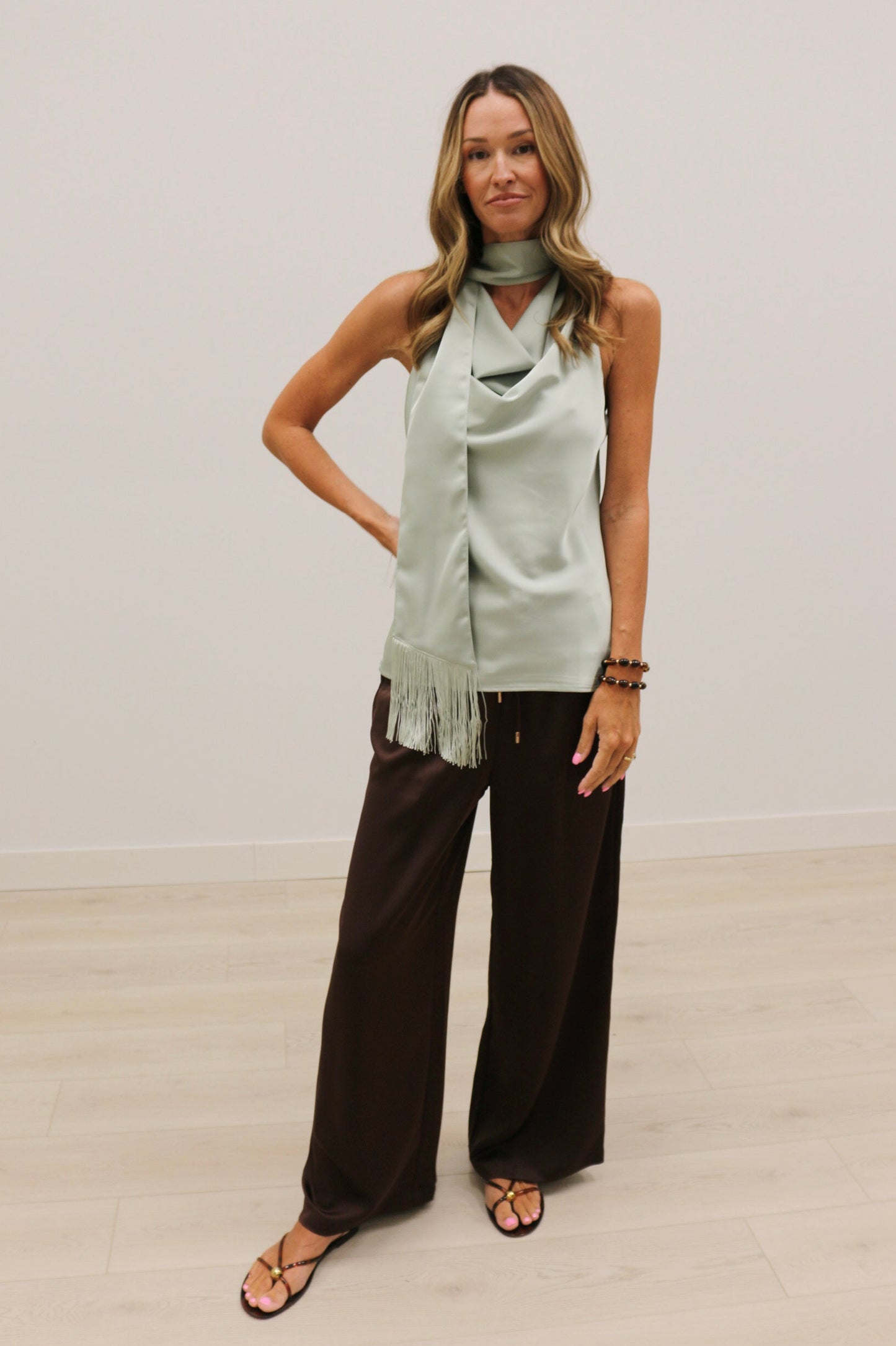 Moxie Elastic Waist Drawstring Satin Wide Leg Pants - Chocolate Brown