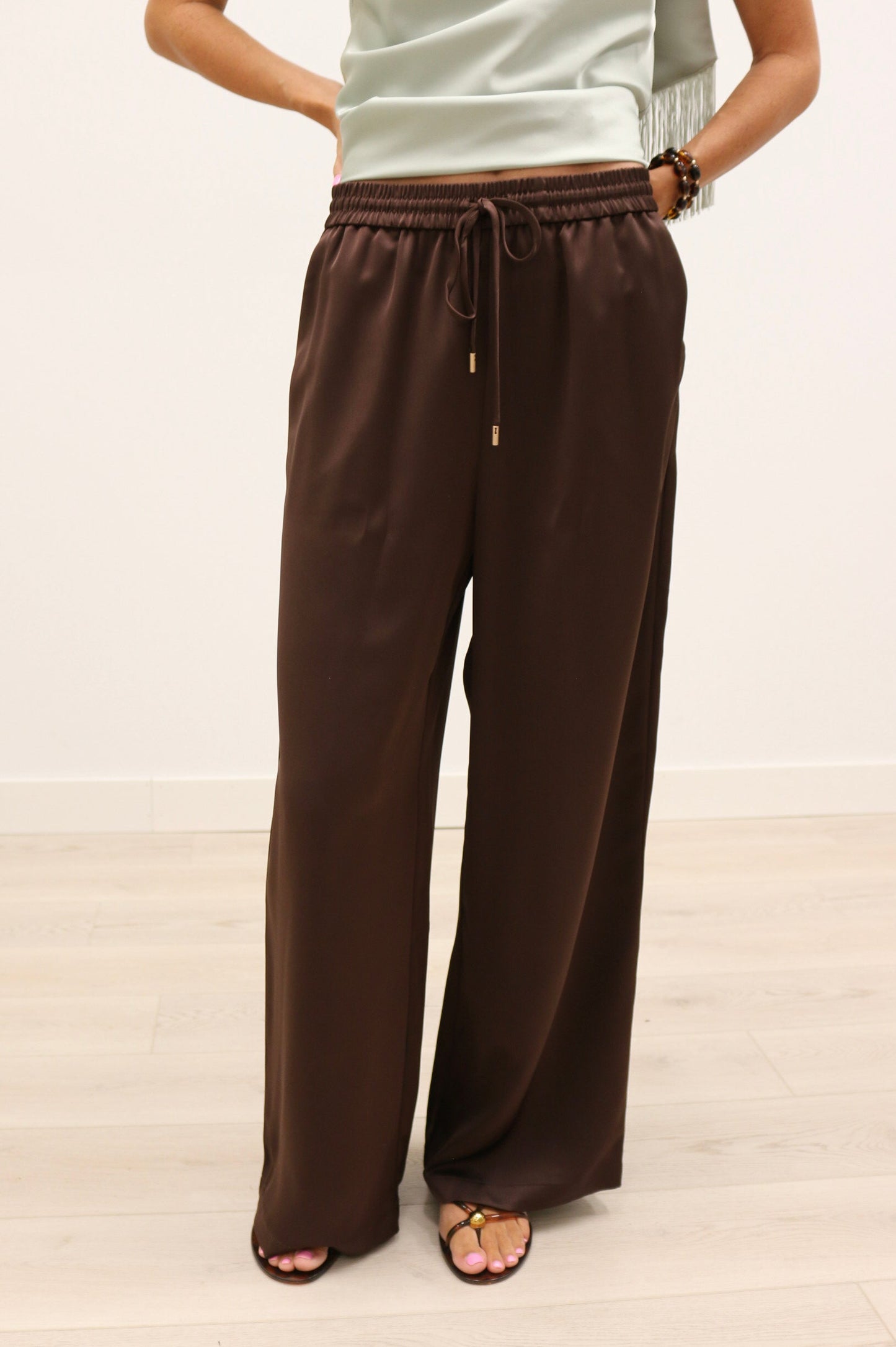 Moxie Elastic Waist Drawstring Satin Wide Leg Pants - Chocolate Brown