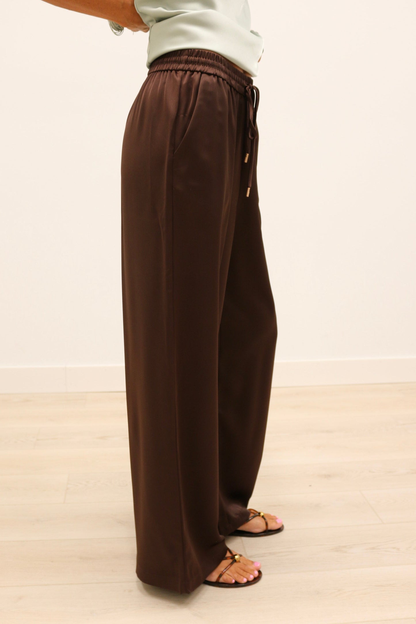 Moxie Elastic Waist Drawstring Satin Wide Leg Pants - Chocolate Brown