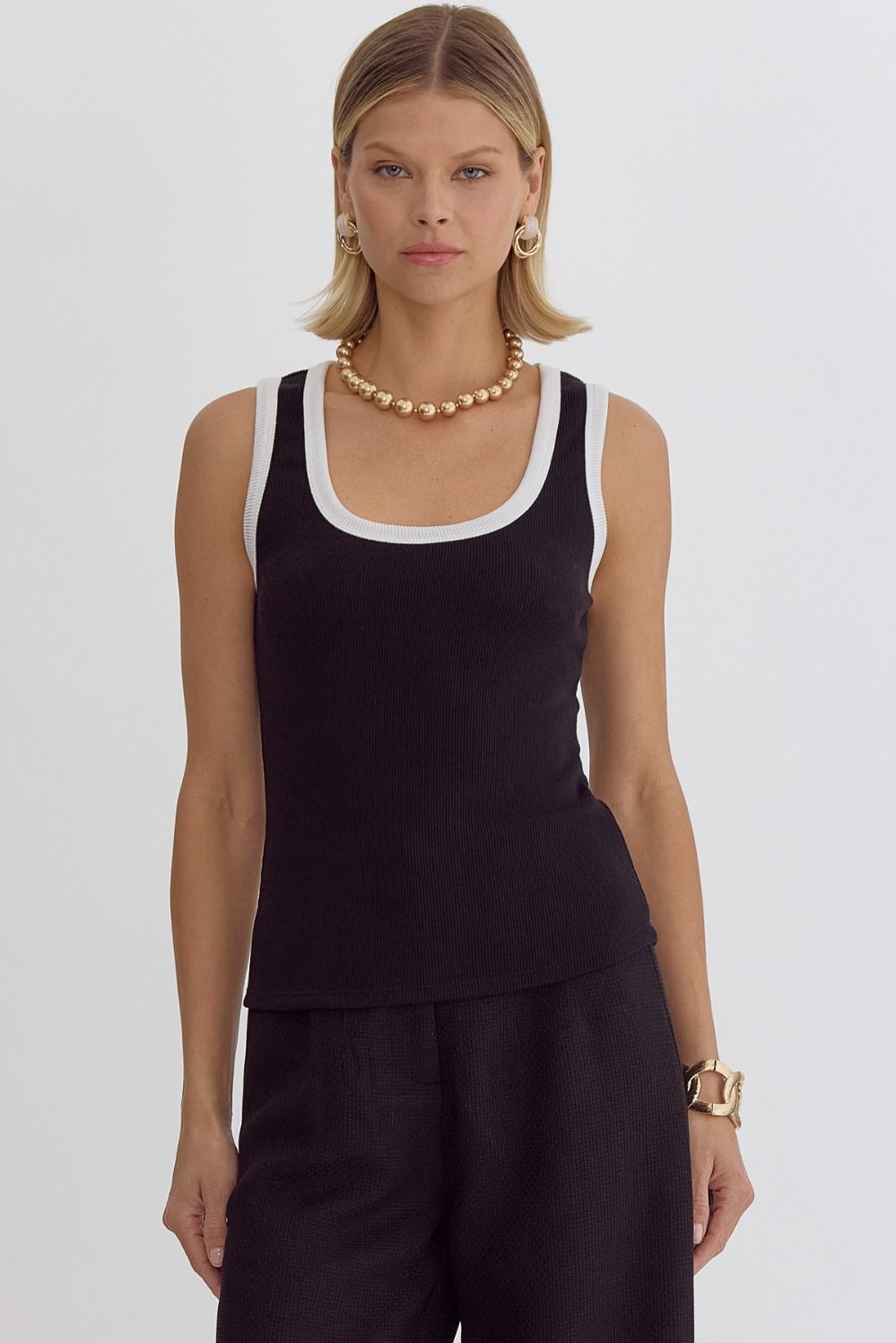 Nadia Sleeveless Contrast Trim Rib Knit Tank Top - Black White