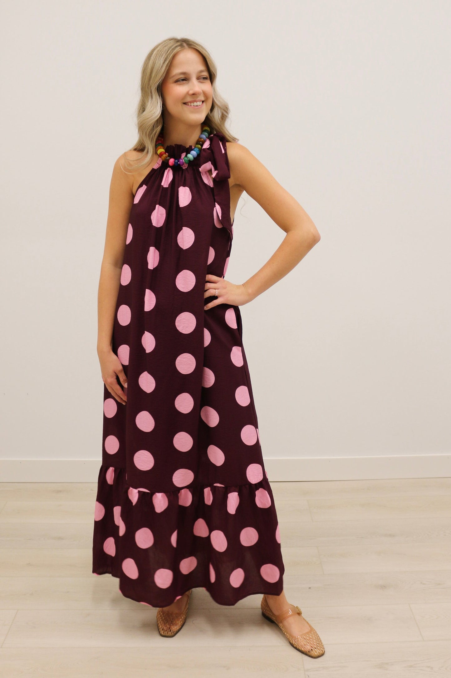 Nicolette Polka Dot Print Bow Maxi Dress - Plum Multi
