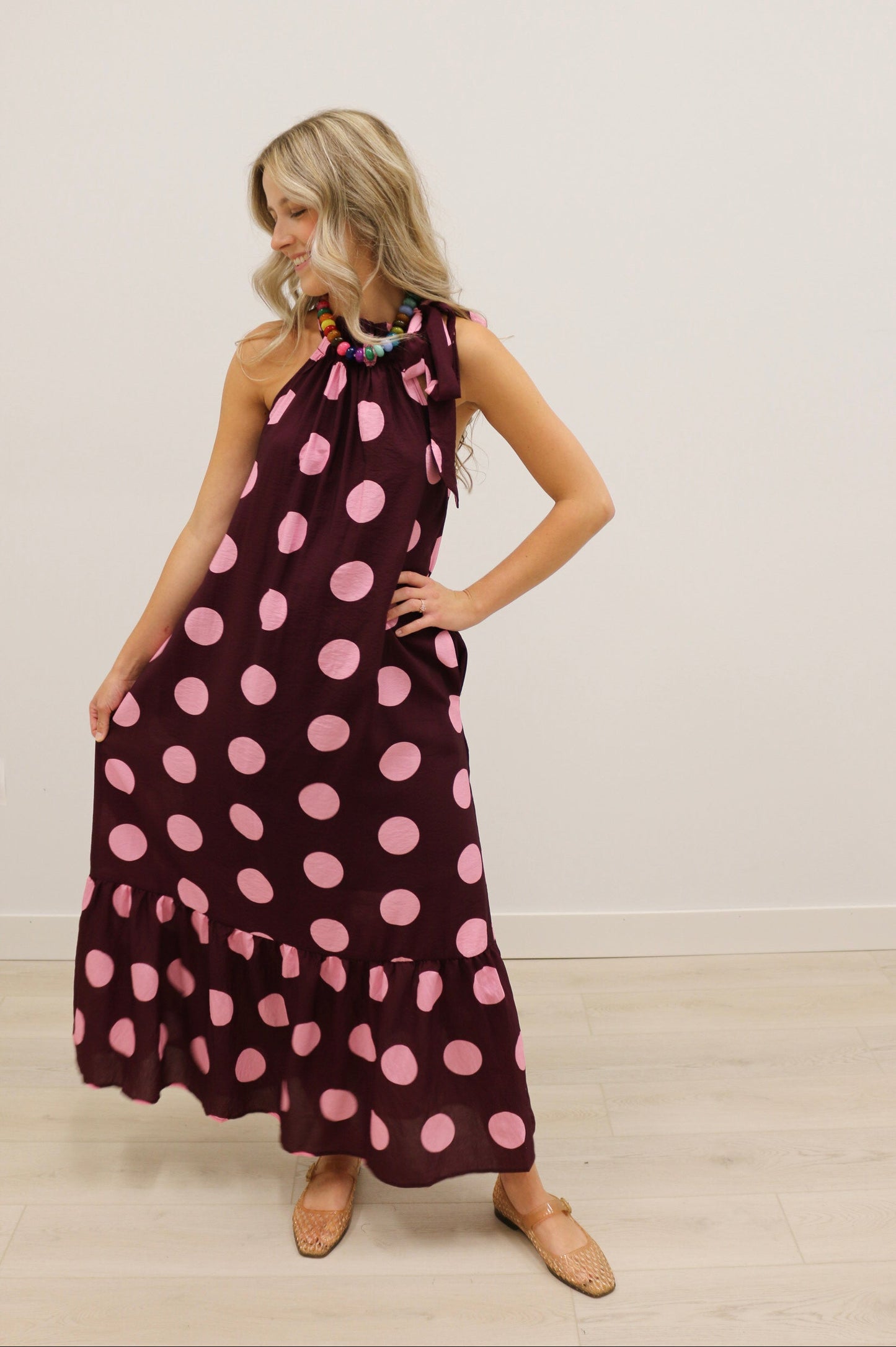 Nicolette Polka Dot Print Bow Maxi Dress - Plum Multi