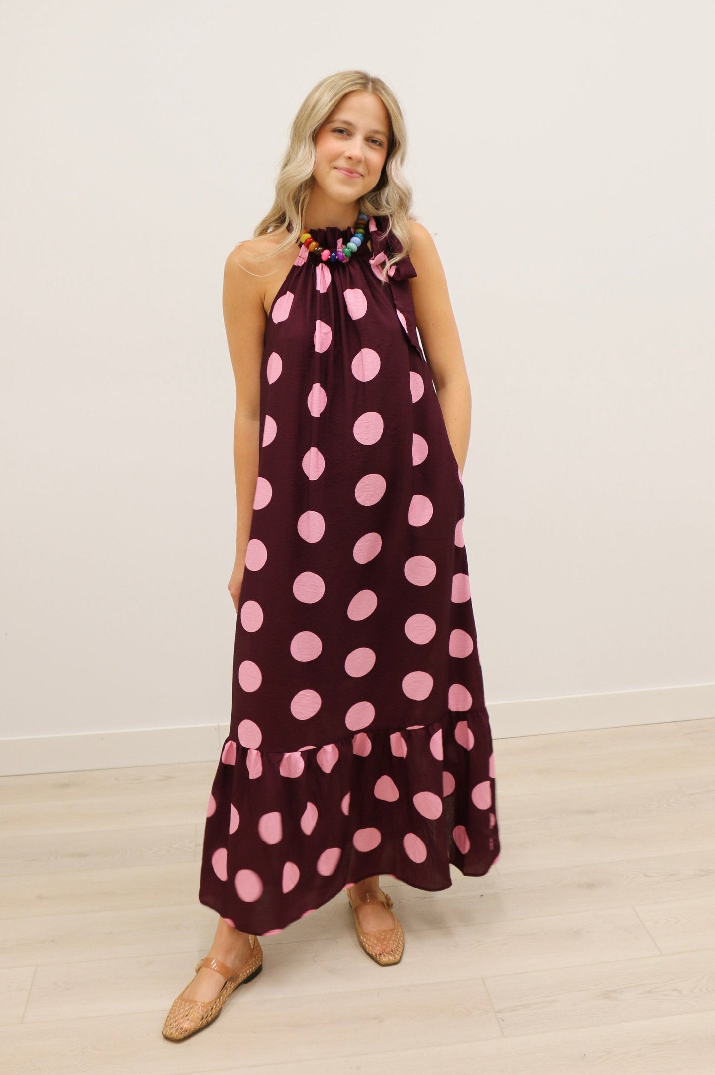 Nicolette Polka Dot Print Bow Maxi Dress - Plum Multi