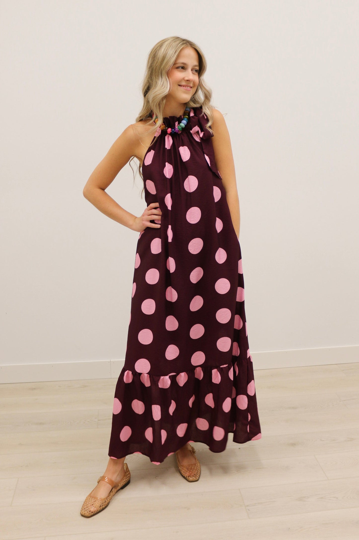 Nicolette Polka Dot Print Bow Maxi Dress - Plum Multi
