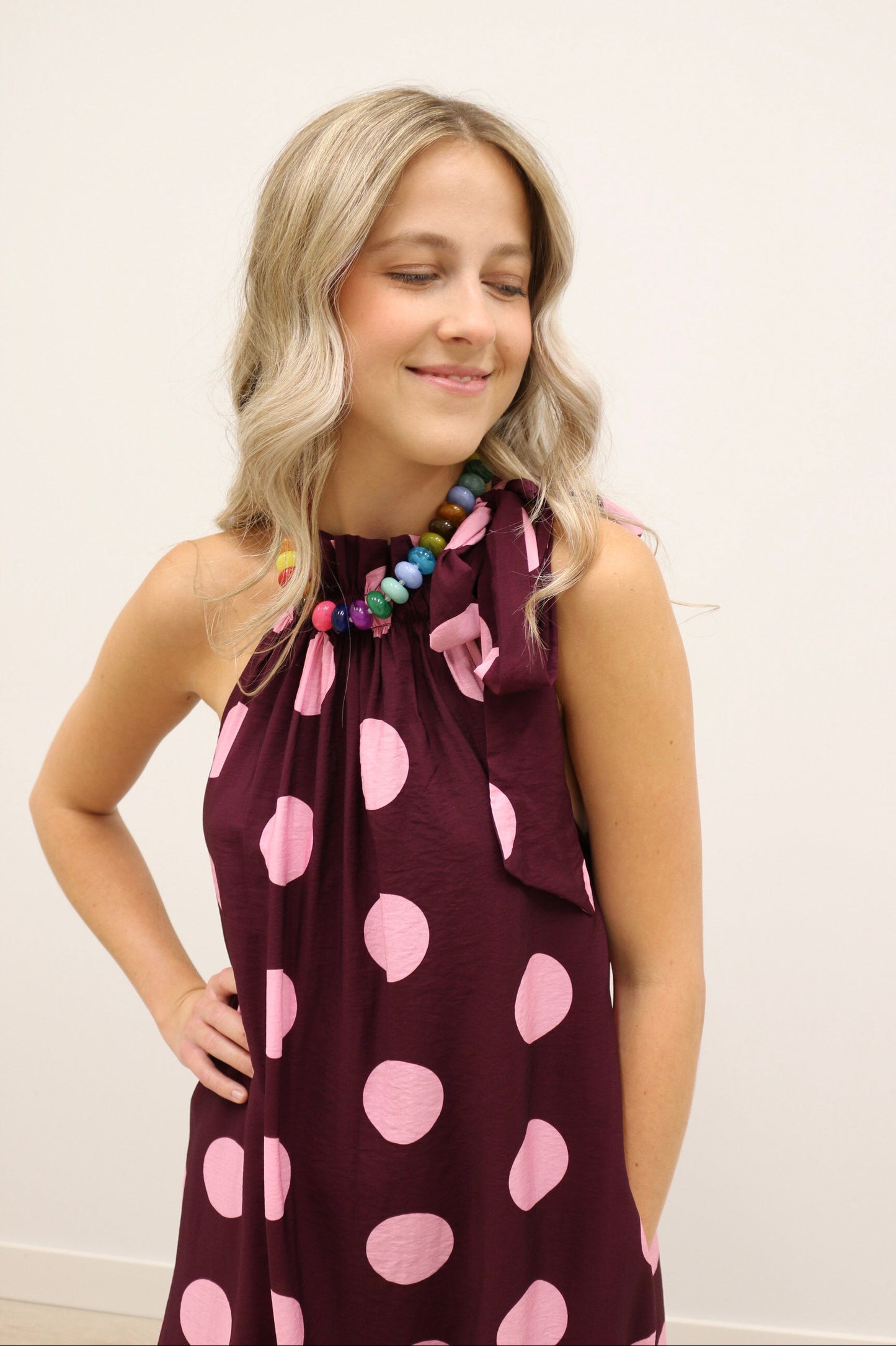Nicolette Polka Dot Print Bow Maxi Dress - Plum Multi