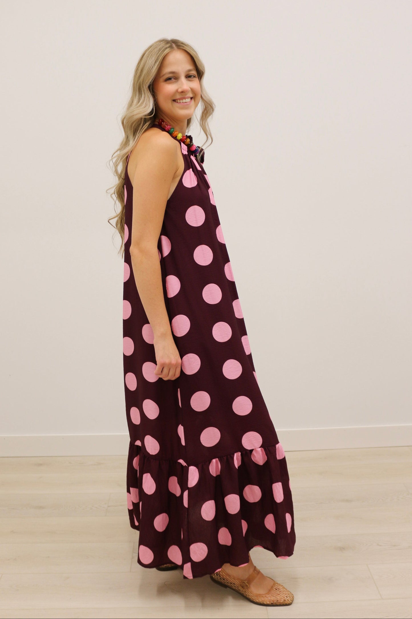 Nicolette Polka Dot Print Bow Maxi Dress - Plum Multi