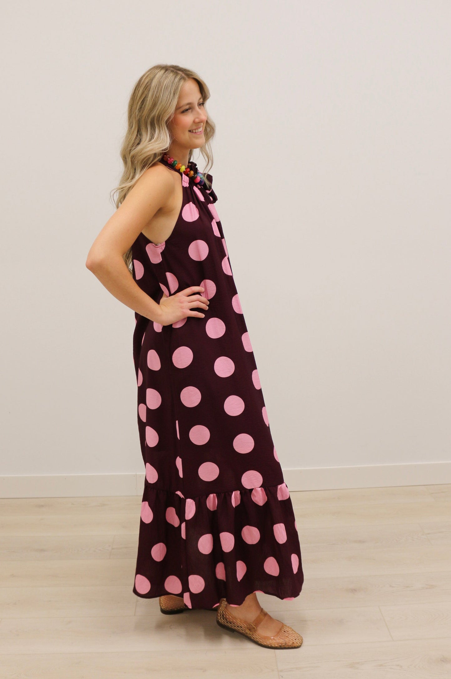 Nicolette Polka Dot Print Bow Maxi Dress - Plum Multi
