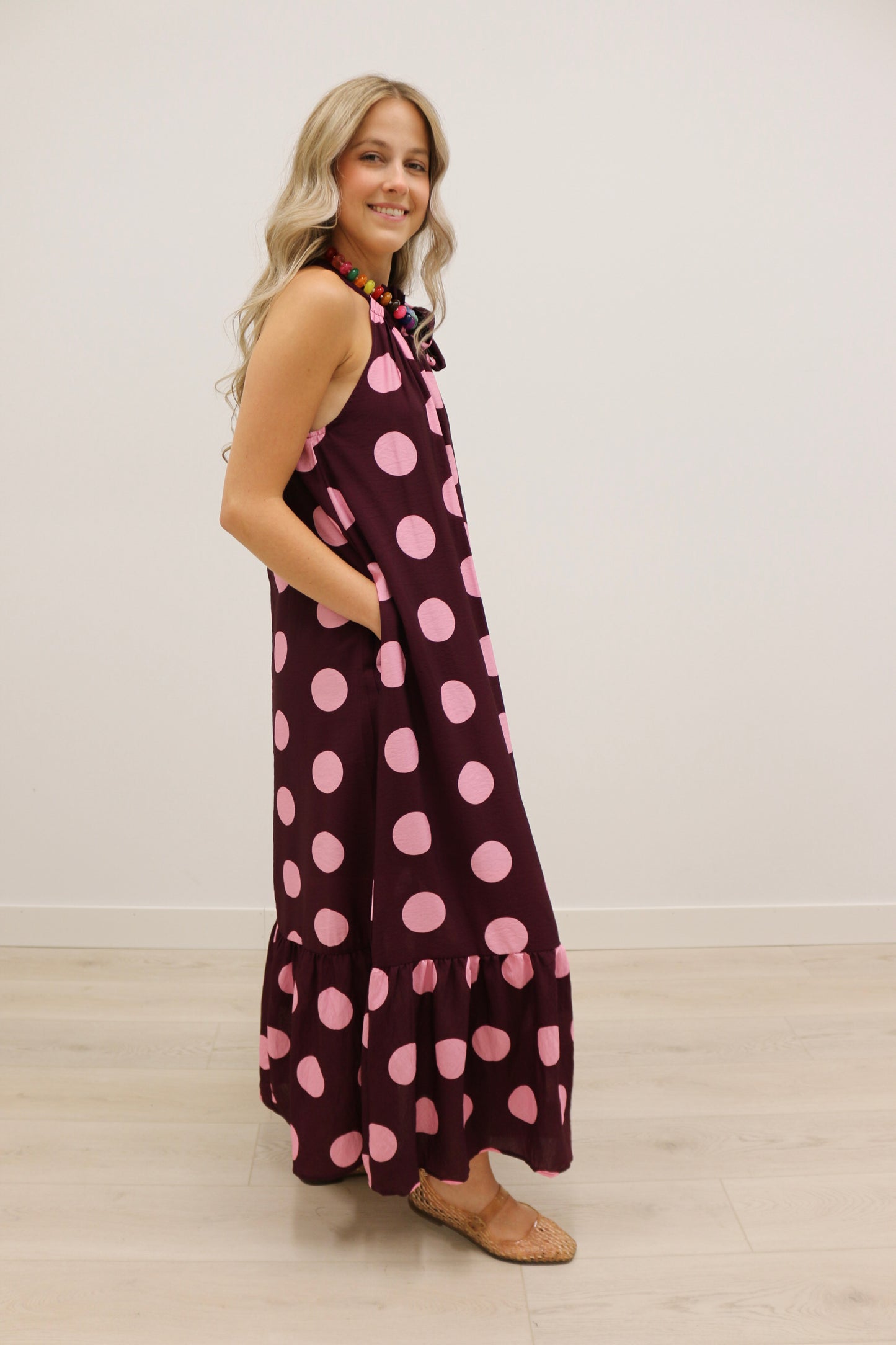 Nicolette Polka Dot Print Bow Maxi Dress - Plum Multi