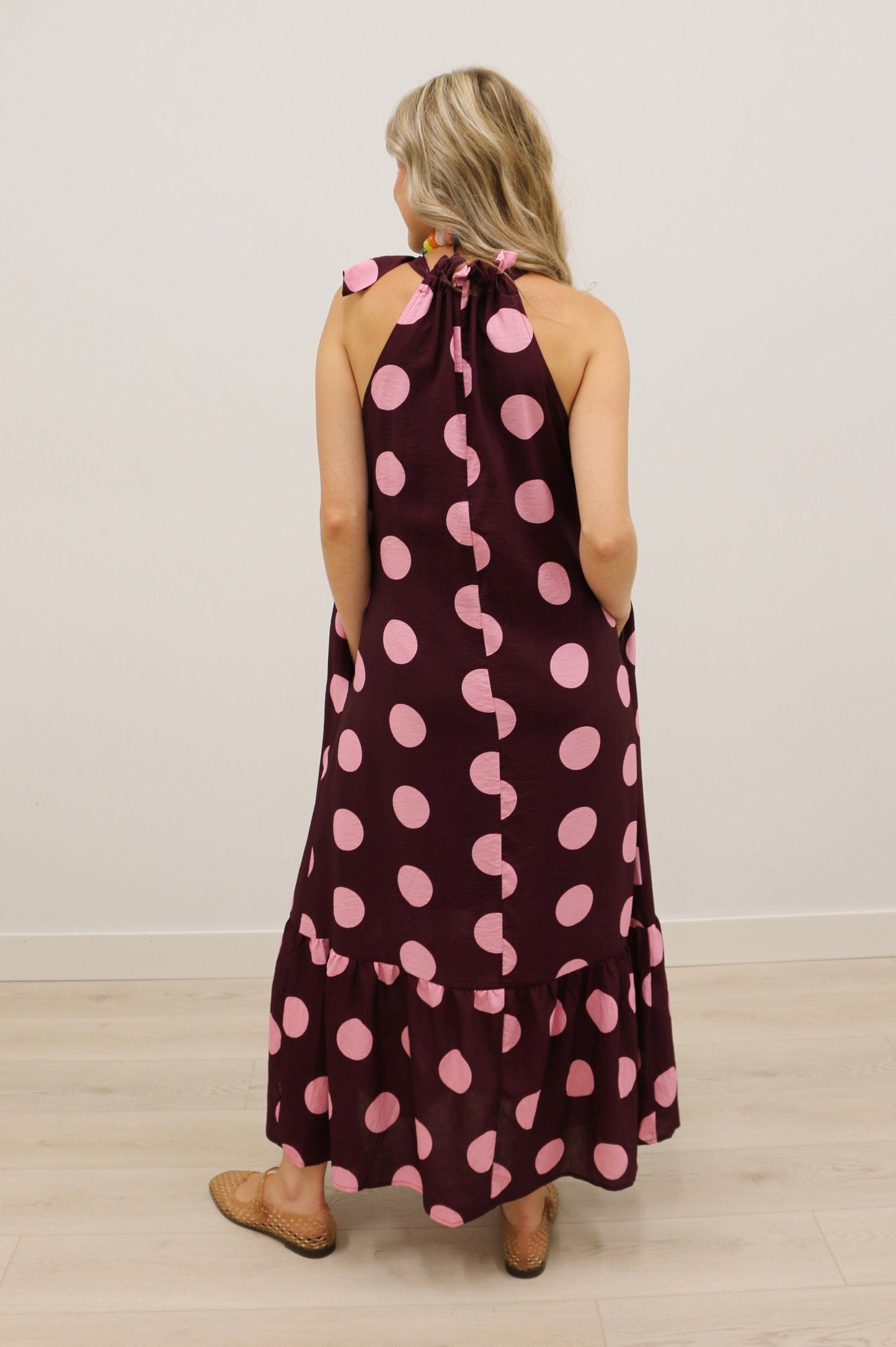 Nicolette Polka Dot Print Bow Maxi Dress - Plum Multi