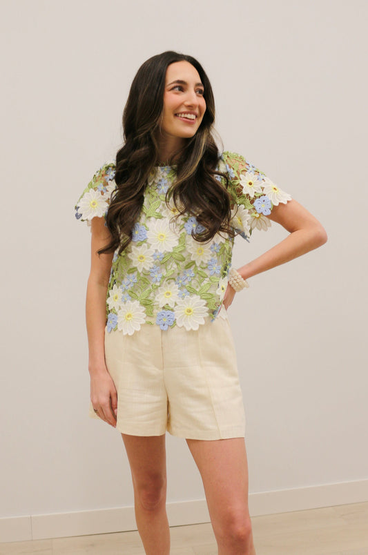 Nicolette Crochet Floral Lace Short Sleeve Statement Blouse - Blue Yellow Multi