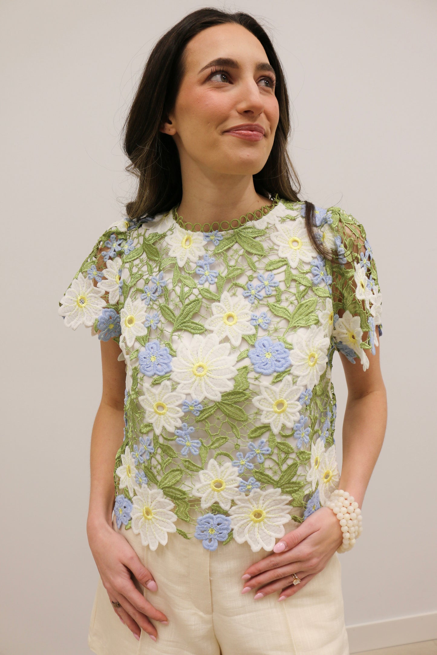 Nicolette Crochet Floral Lace Short Sleeve Statement Blouse - Blue Yellow Multi