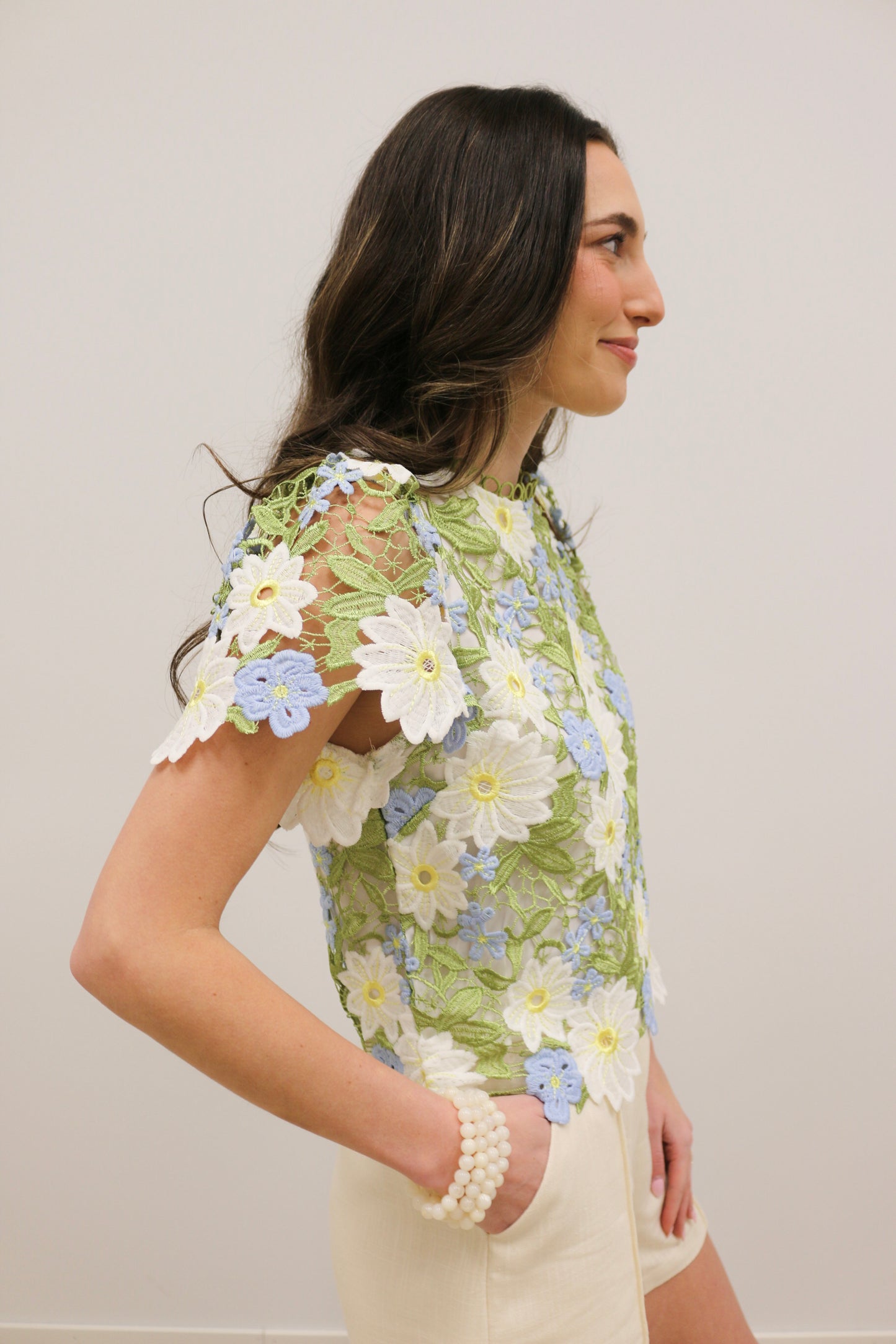 Nicolette Crochet Floral Lace Short Sleeve Statement Blouse - Blue Yellow Multi