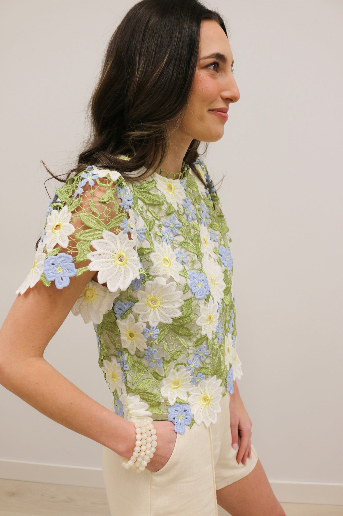 Nicolette Crochet Floral Lace Short Sleeve Statement Blouse - Blue Yellow Multi