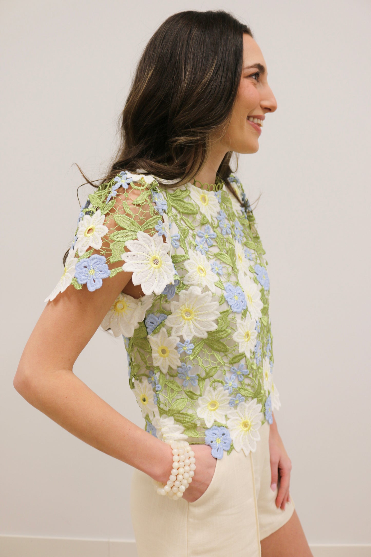 Nicolette Crochet Floral Lace Short Sleeve Statement Blouse - Blue Yellow Multi