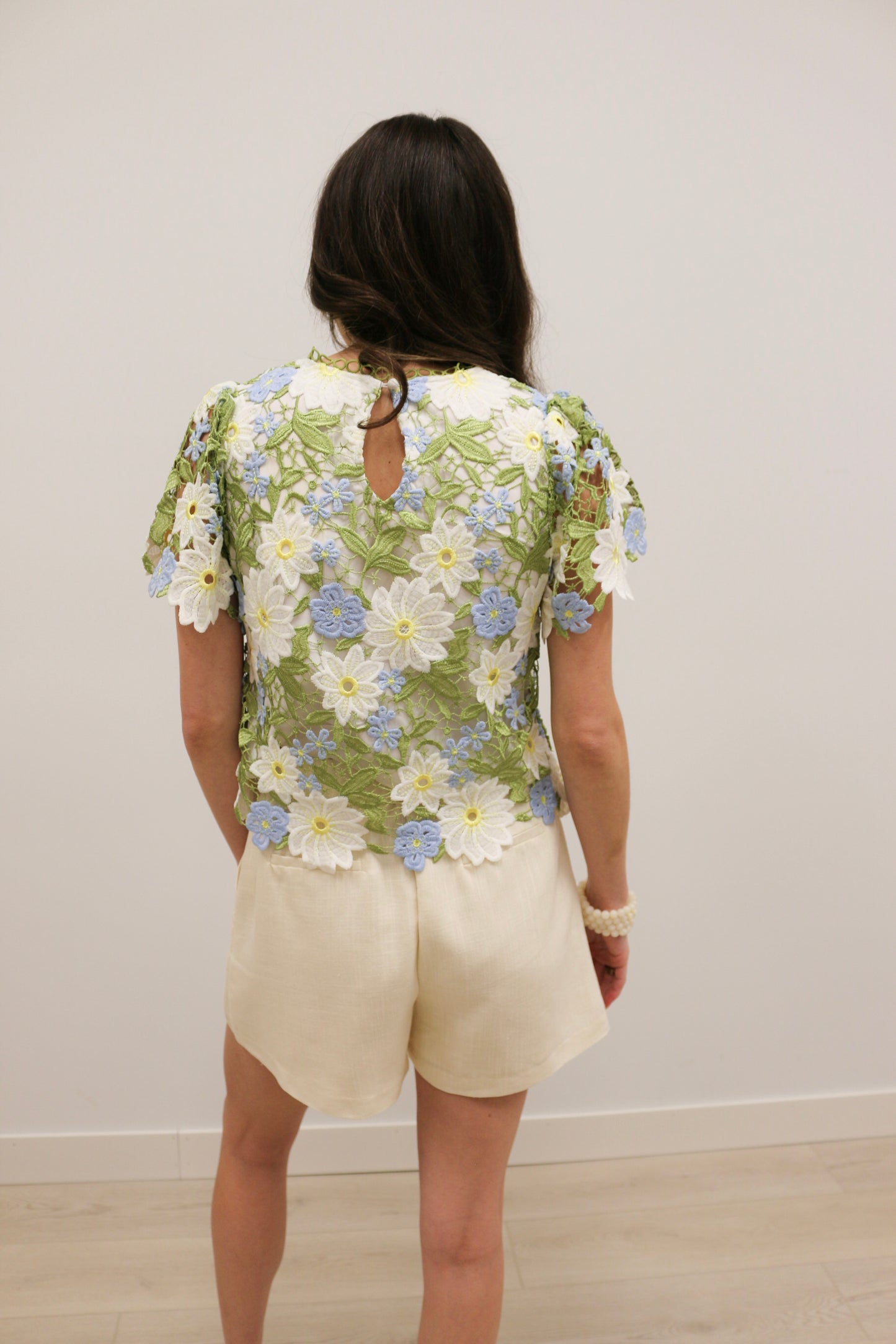 Nicolette Crochet Floral Lace Short Sleeve Statement Blouse - Blue Yellow Multi