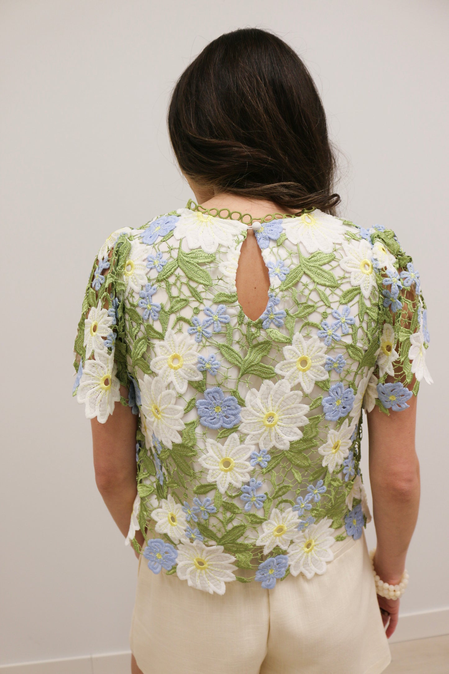 Nicolette Crochet Floral Lace Short Sleeve Statement Blouse - Blue Yellow Multi