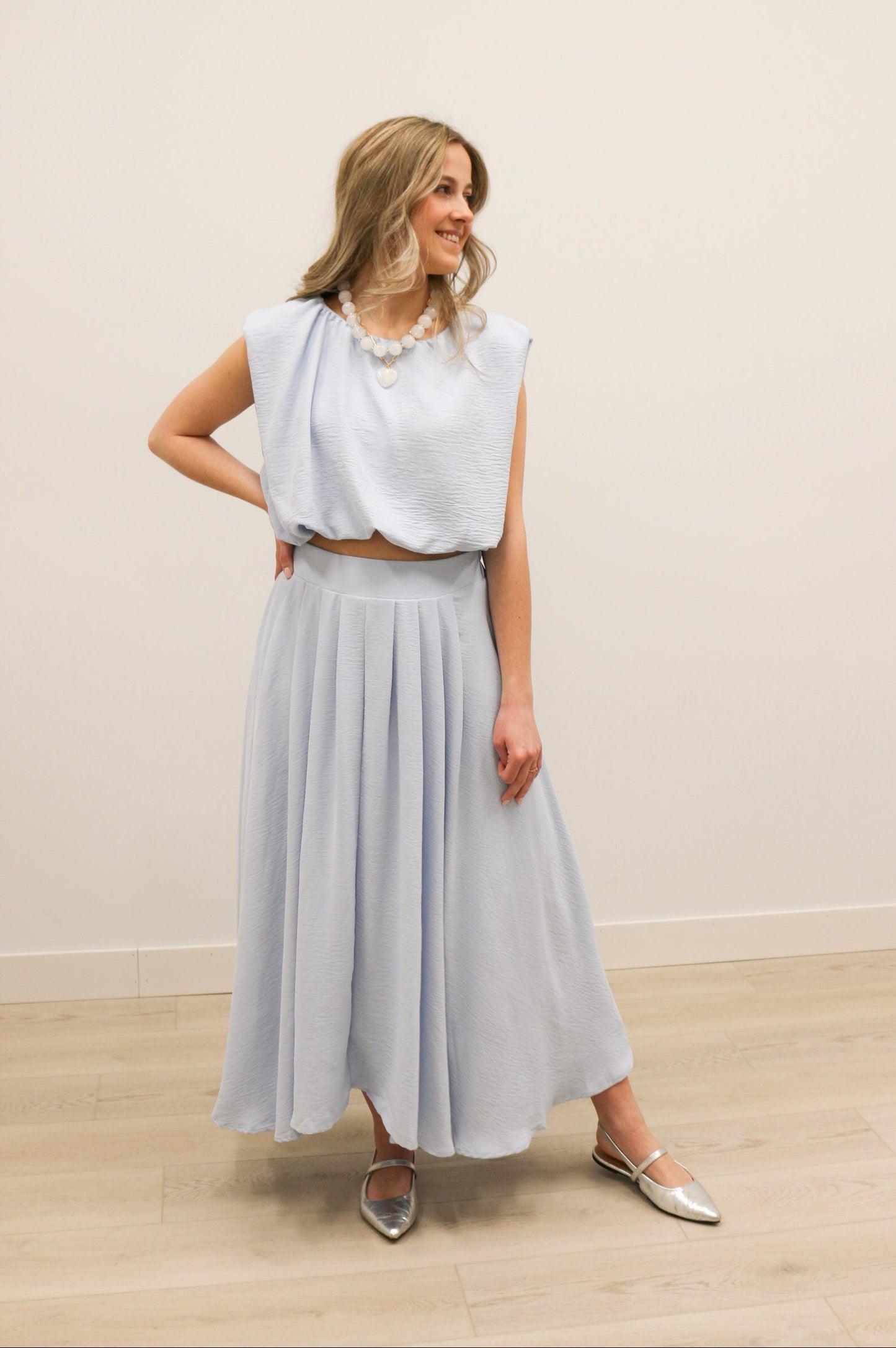 Nora Bubble Hem Top and Midi Skirt Set - Light Blue