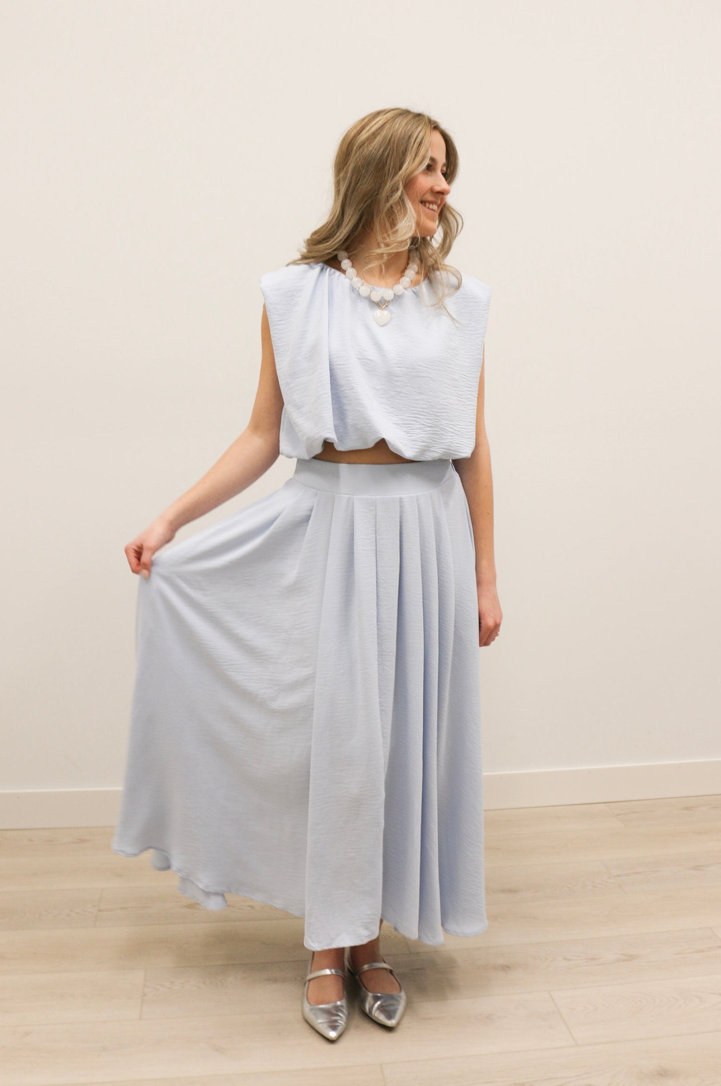 Nora Bubble Hem Top and Midi Skirt Set - Light Blue