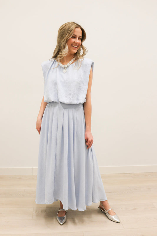 Nora Bubble Hem Top and Midi Skirt Set - Light Blue