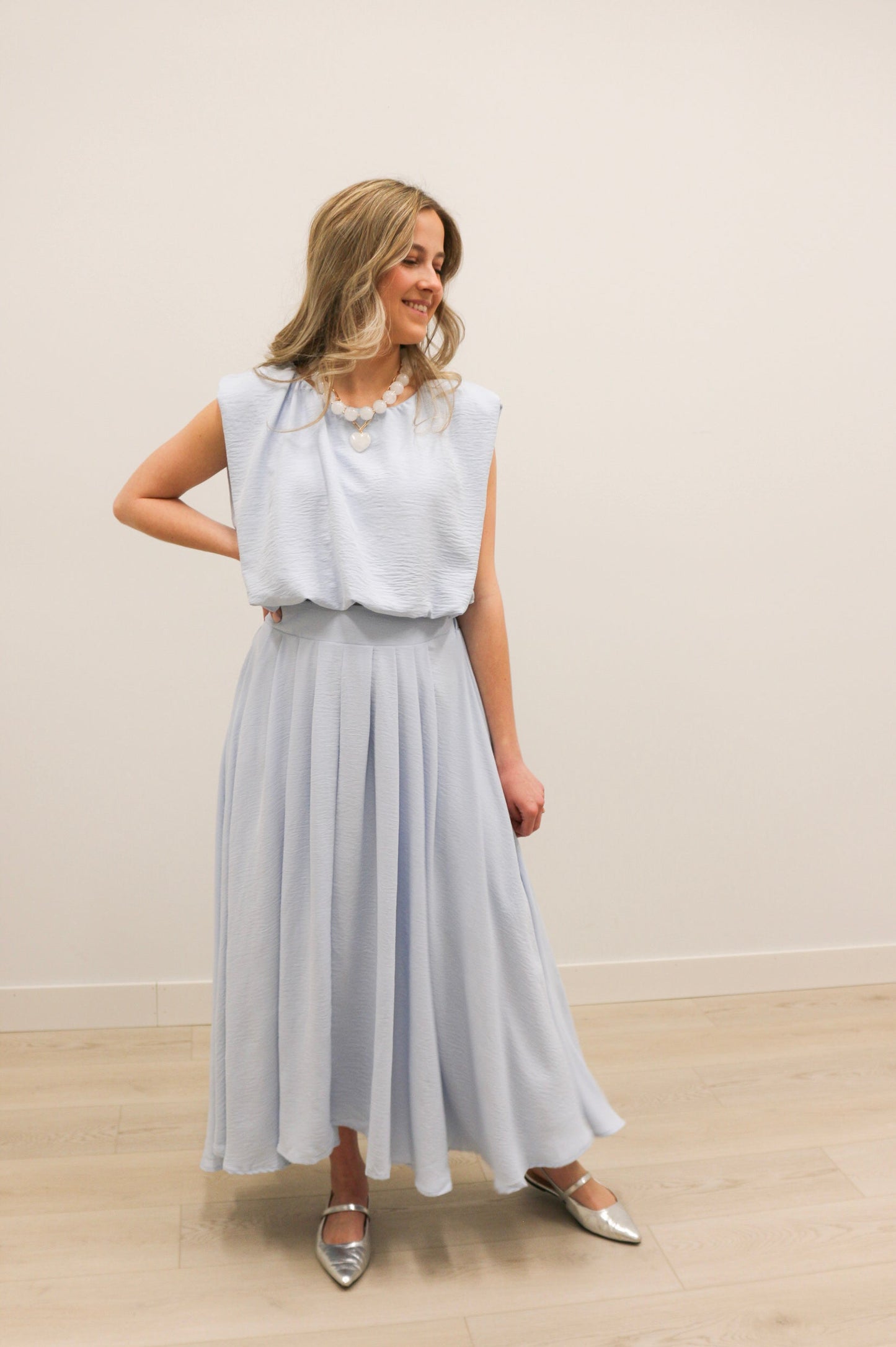 Nora Bubble Hem Top and Midi Skirt Set - Light Blue