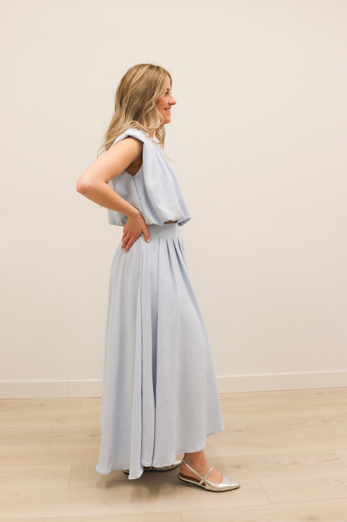 Nora Bubble Hem Top and Midi Skirt Set - Light Blue