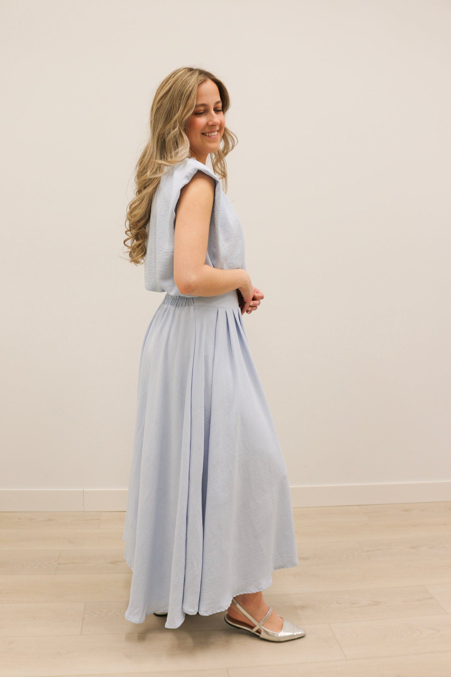Nora Bubble Hem Top and Midi Skirt Set - Light Blue