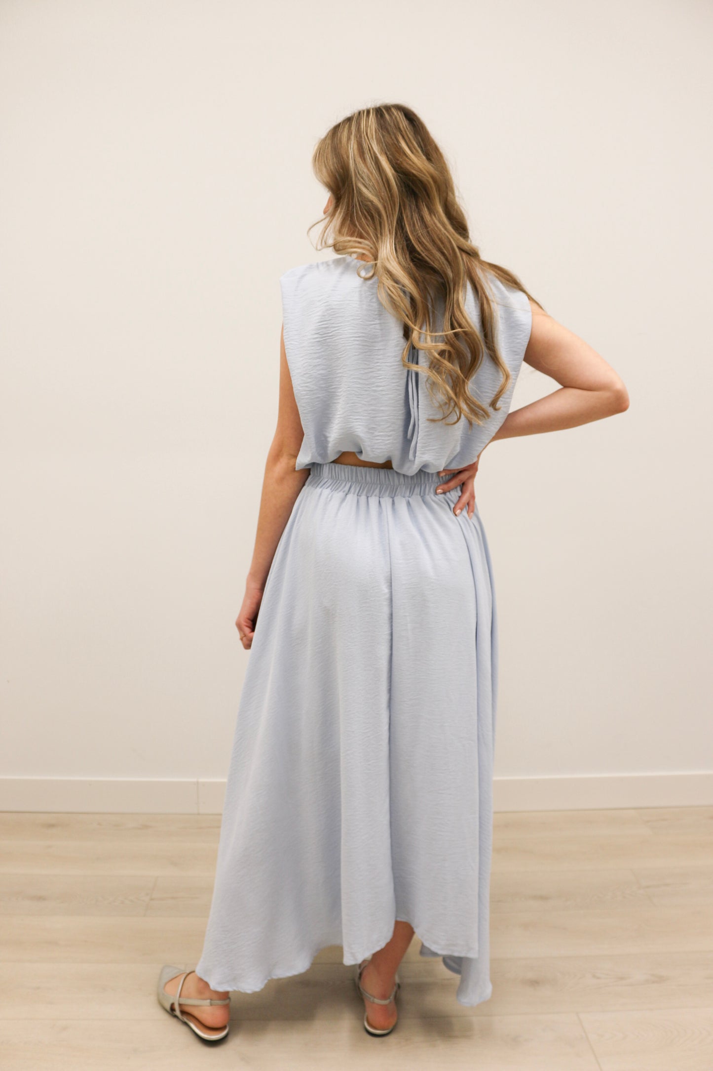 Nora Bubble Hem Top and Midi Skirt Set - Light Blue