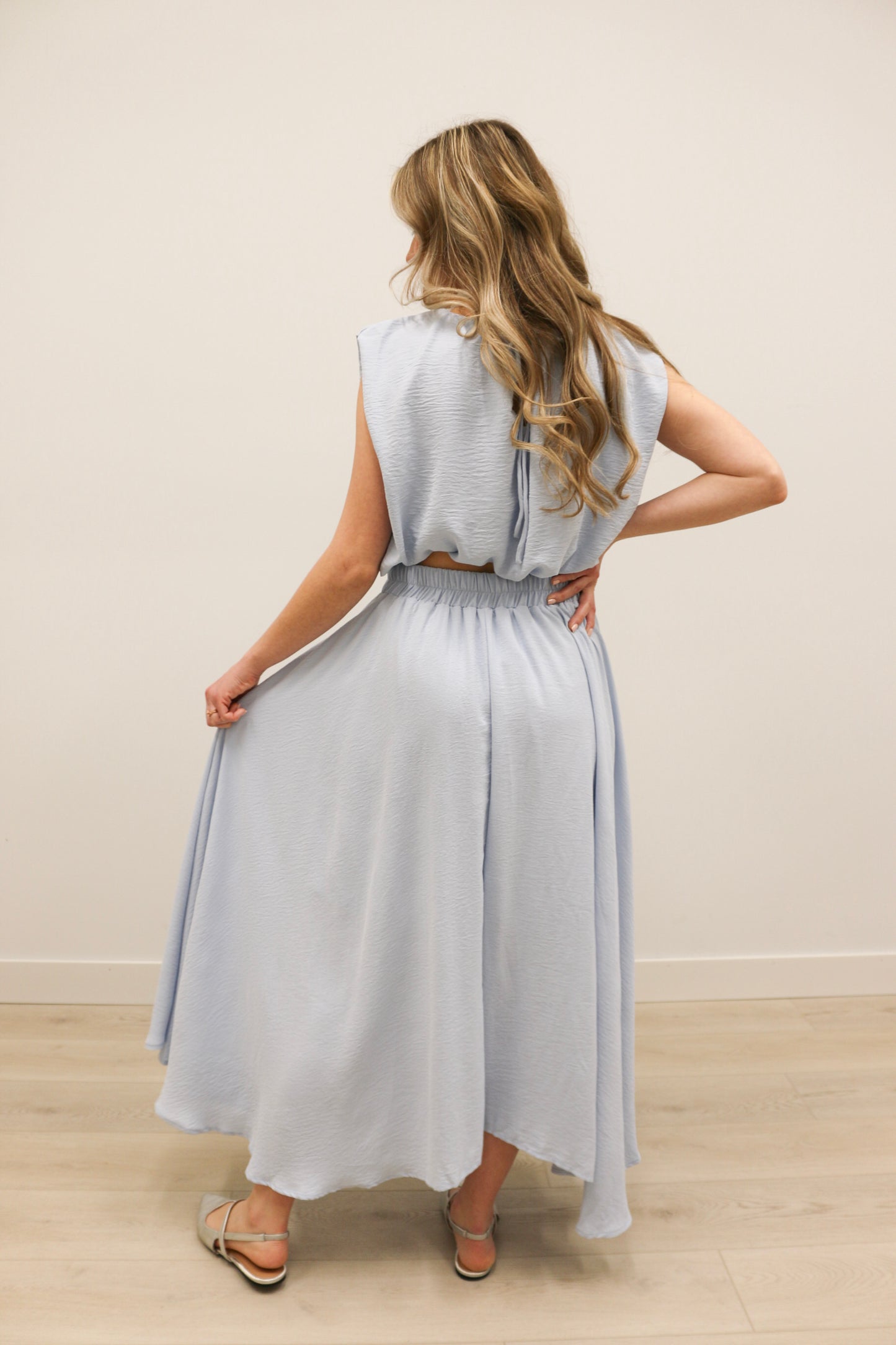 Nora Bubble Hem Top and Midi Skirt Set - Light Blue