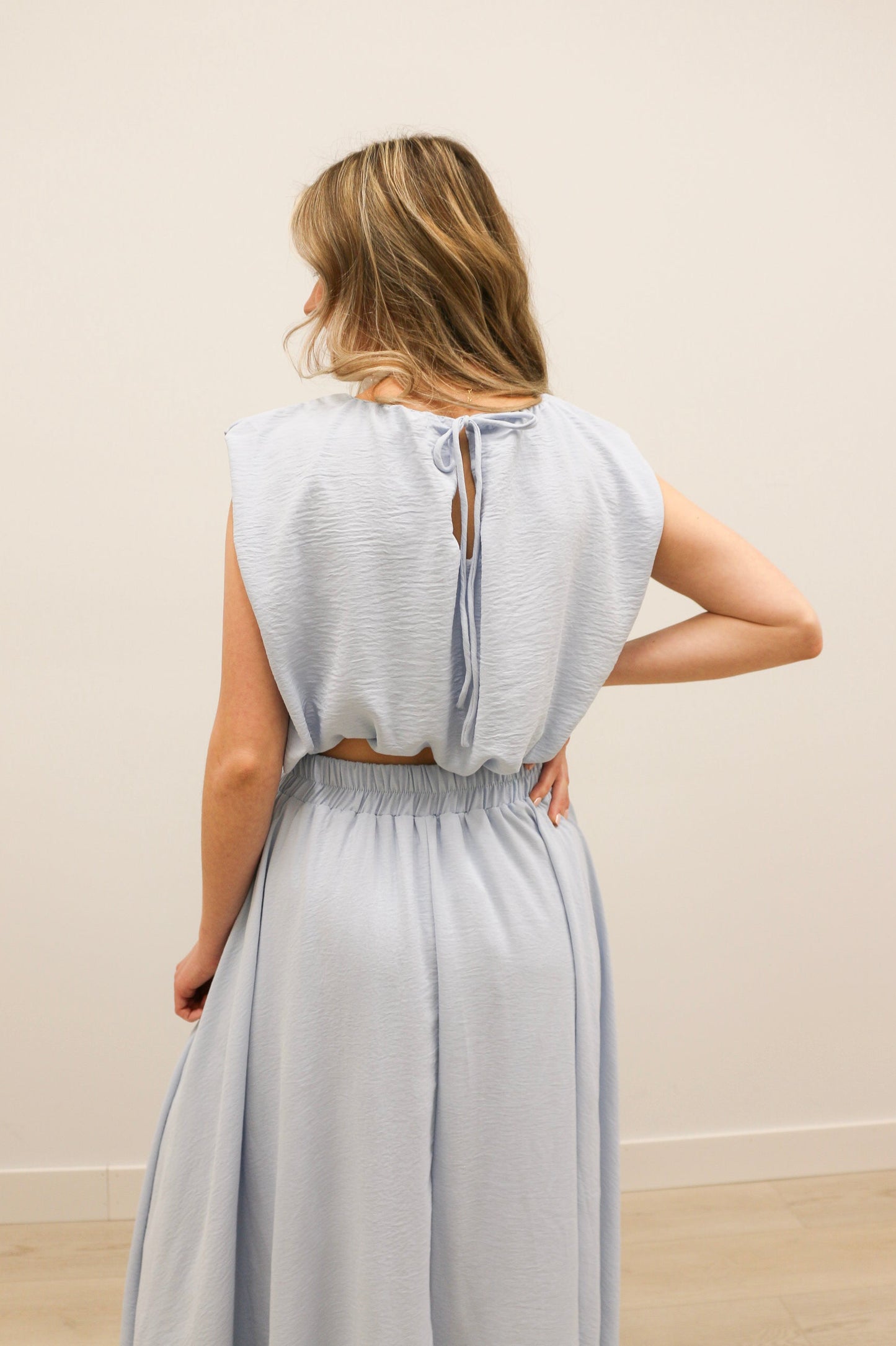 Nora Bubble Hem Top and Midi Skirt Set - Light Blue