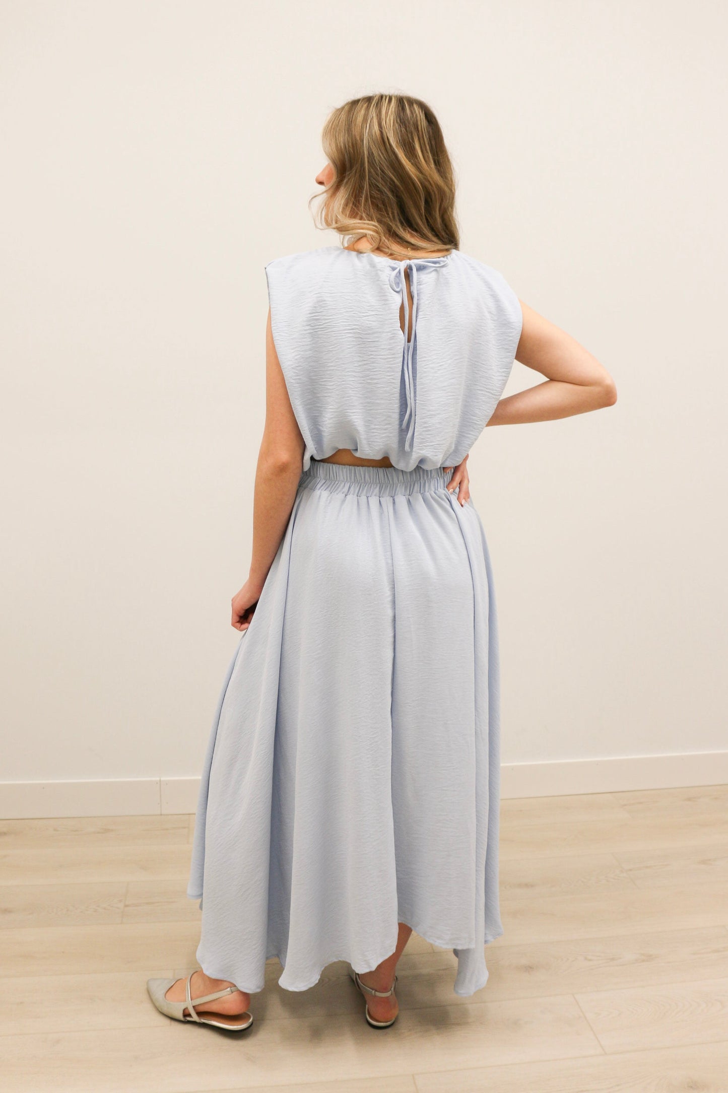 Nora Bubble Hem Top and Midi Skirt Set - Light Blue