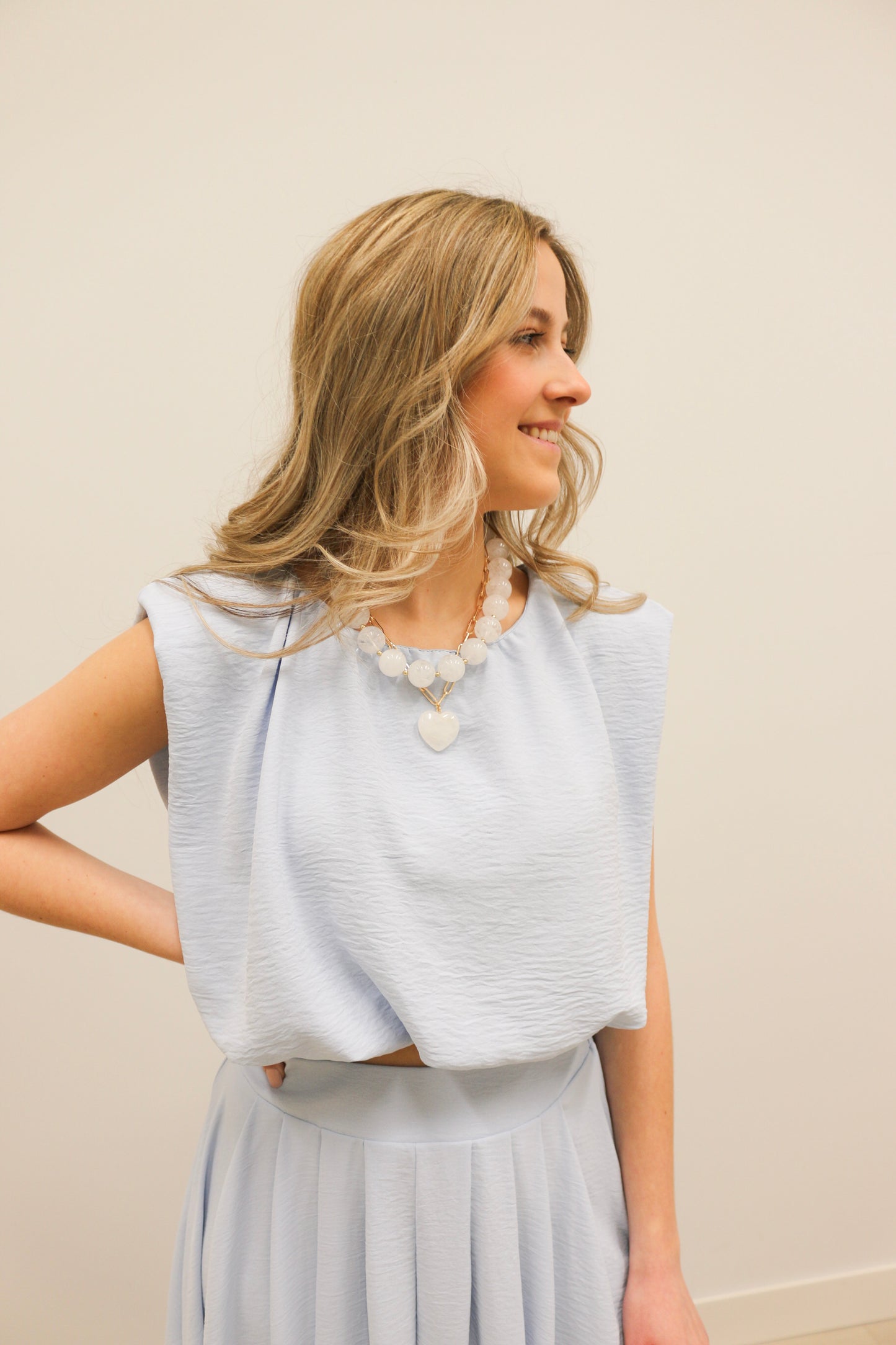 Nora Bubble Hem Top and Midi Skirt Set - Light Blue