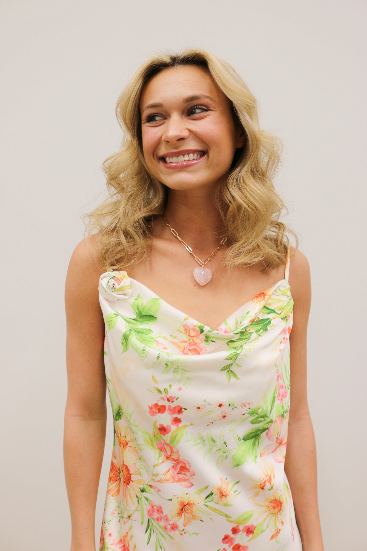 Ophelia Floral Print Silky Midi Dress 3D Rosette - Ivory Multi