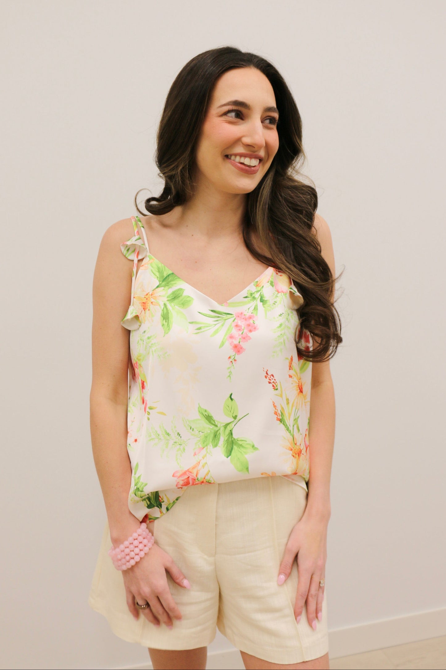 Ophelia Floral Print V-Neck Cami Top 3D Petals - Ivory Multi