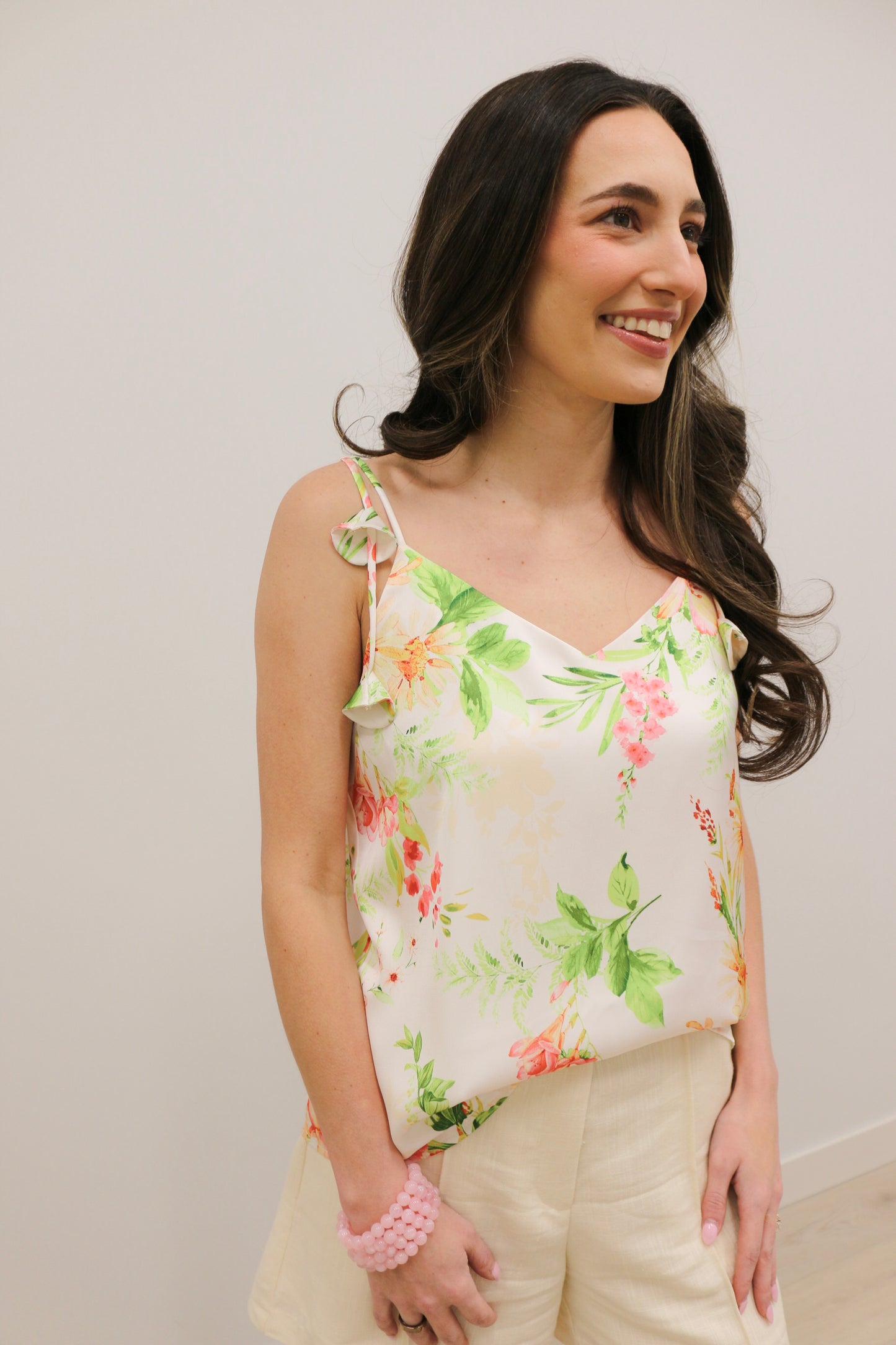 Ophelia Floral Print V-Neck Cami Top 3D Petals - Ivory Multi