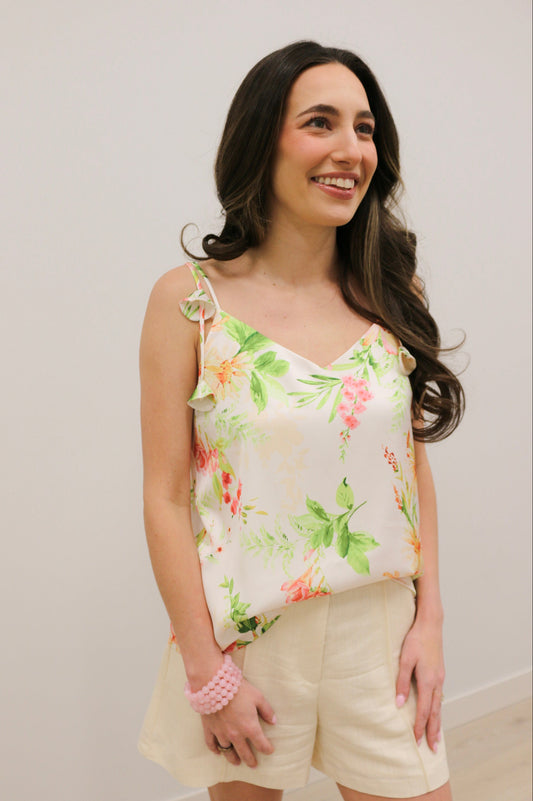 Ophelia Floral Print V-Neck Cami Top 3D Petals - Ivory Multi