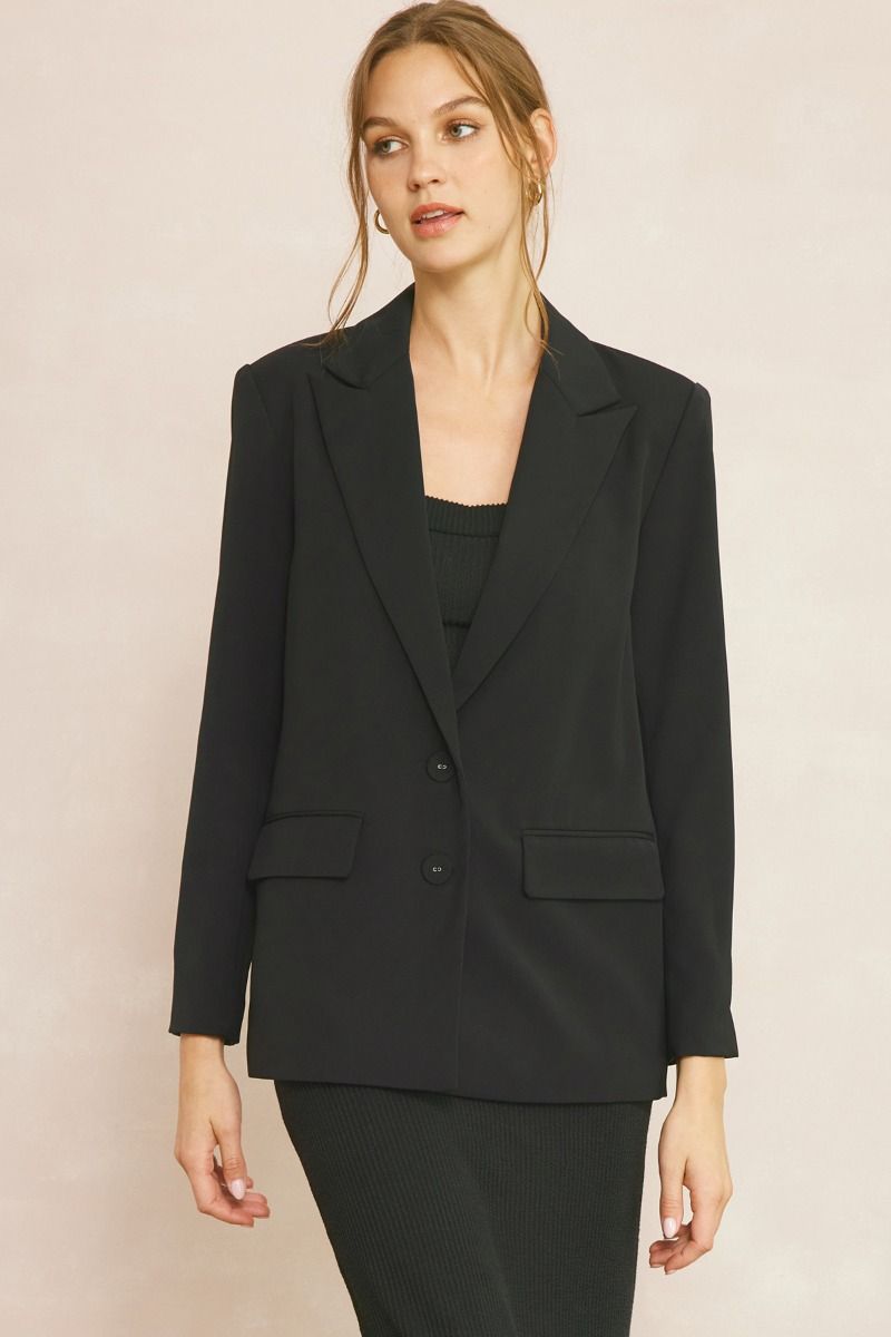 Oxford Classic Long Sleeve Button Front Woven Blazer - Black