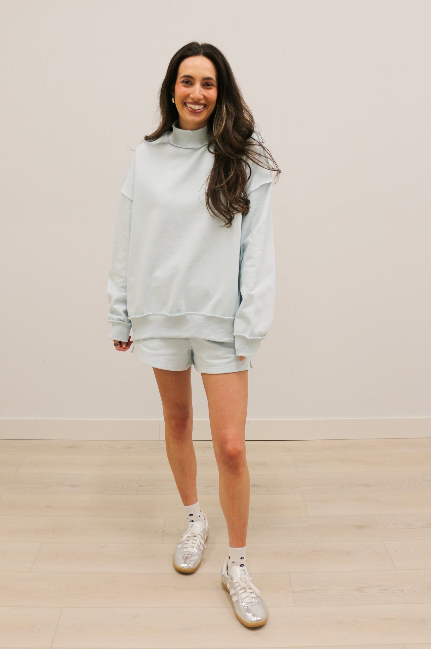 Paige Soft Knit Drop Shoulder Mock Neck Pullover Sweatshirt - Baby Blue