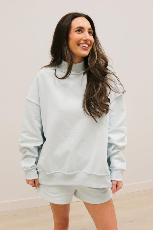 Paige Soft Knit Drop Shoulder Mock Neck Pullover Sweatshirt - Baby Blue