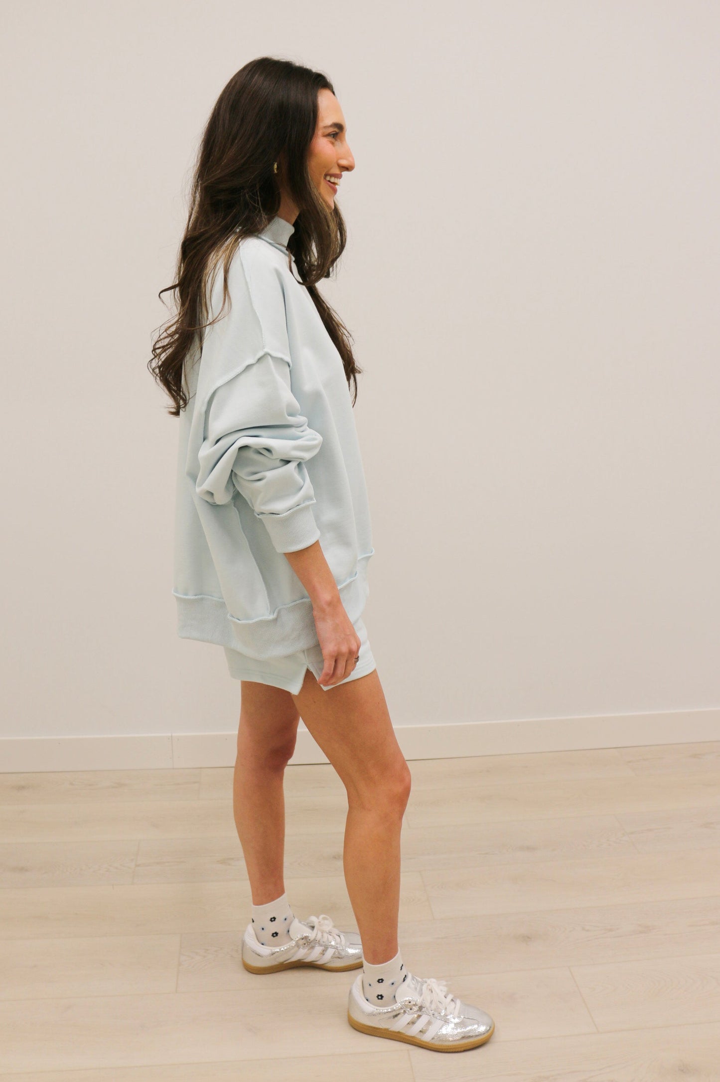 Paige Soft Knit Drop Shoulder Mock Neck Pullover Sweatshirt - Baby Blue