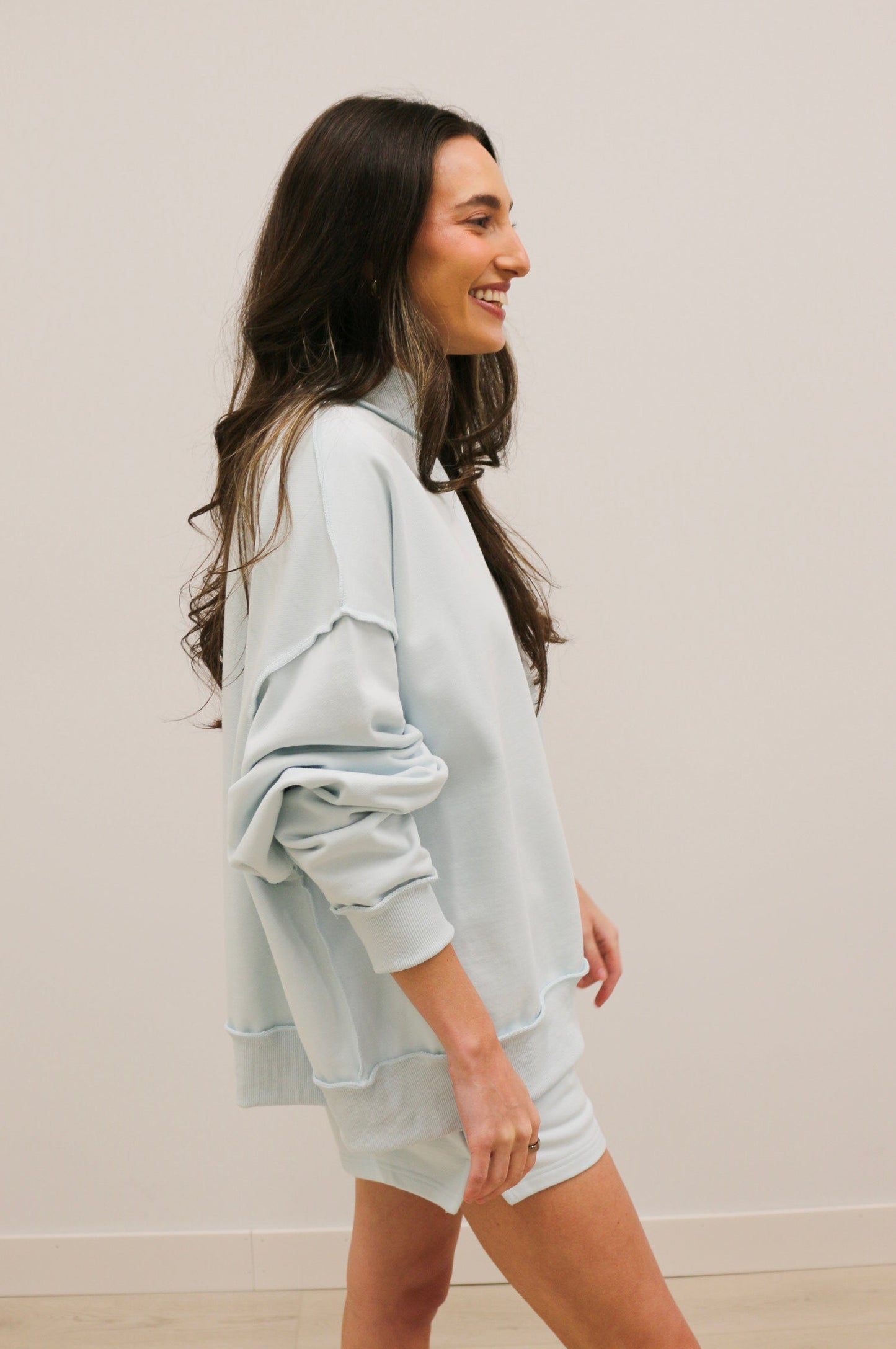 Paige Soft Knit Drop Shoulder Mock Neck Pullover Sweatshirt - Baby Blue