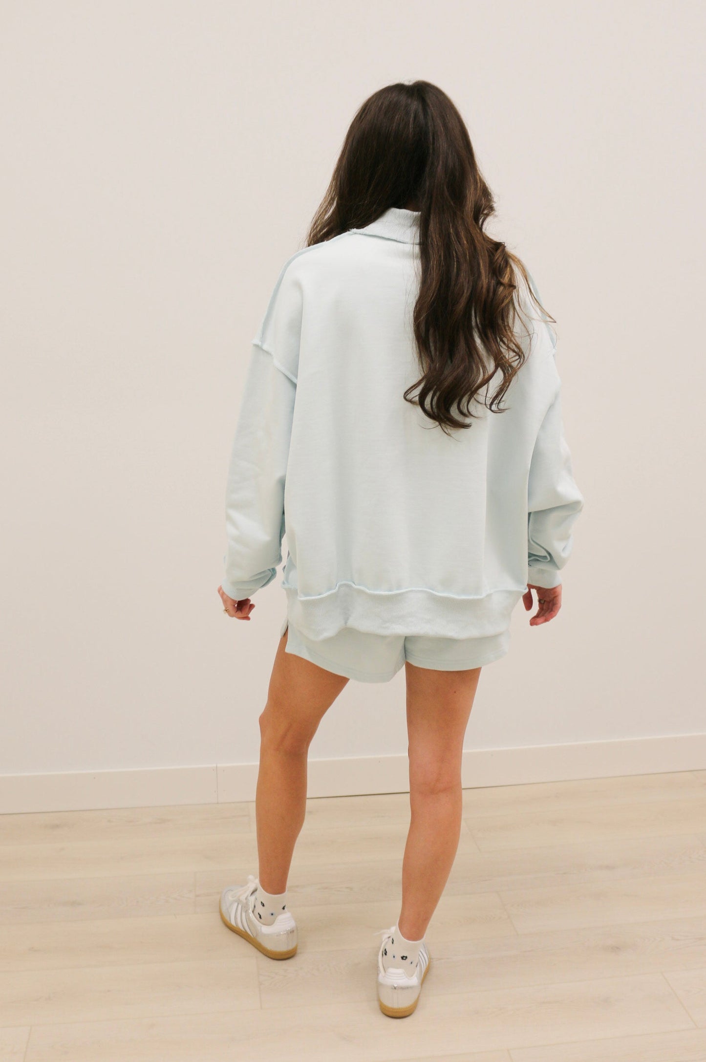 Paige Soft Knit Drop Shoulder Mock Neck Pullover Sweatshirt - Baby Blue