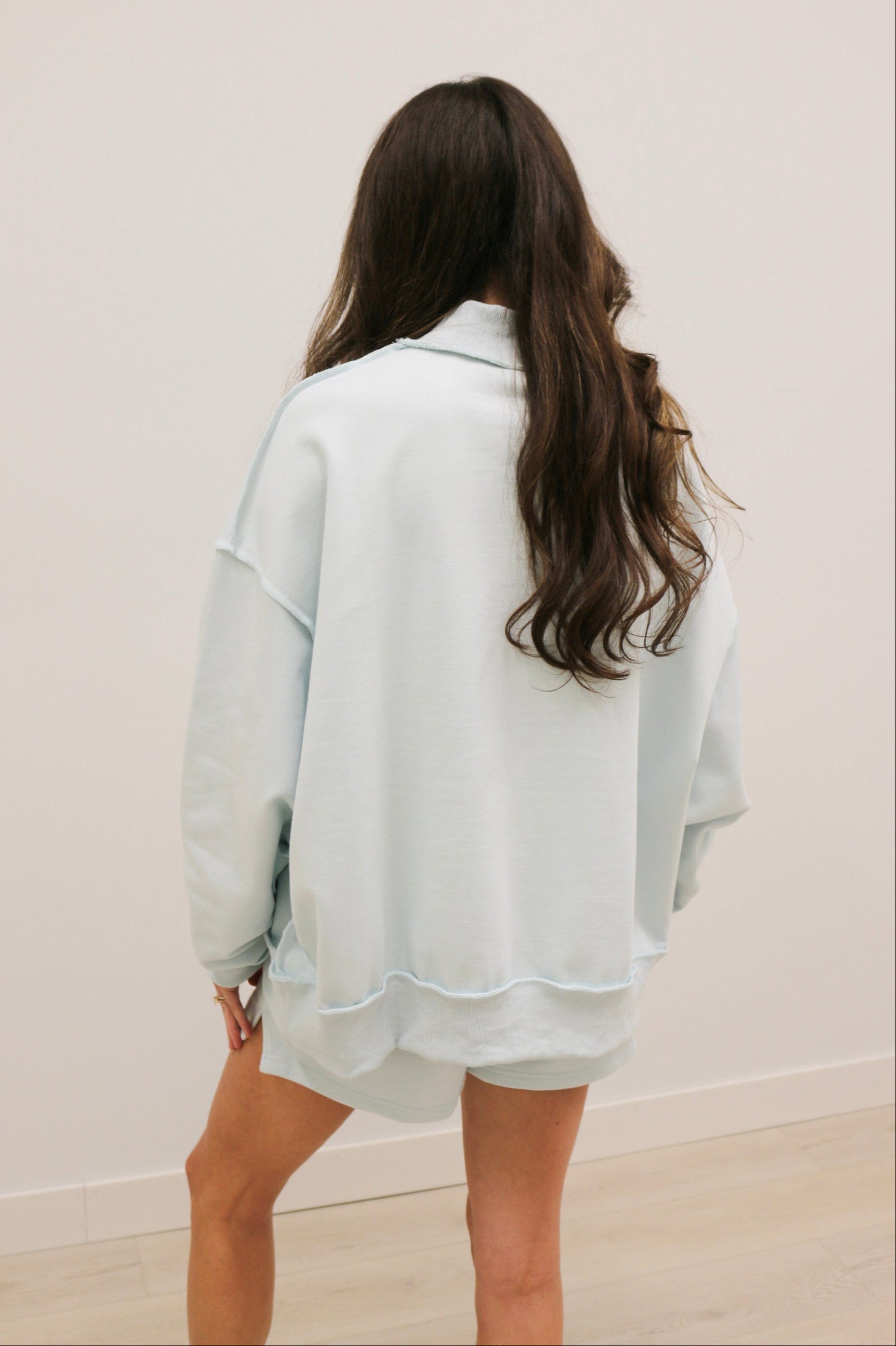 Paige Soft Knit Drop Shoulder Mock Neck Pullover Sweatshirt - Baby Blue