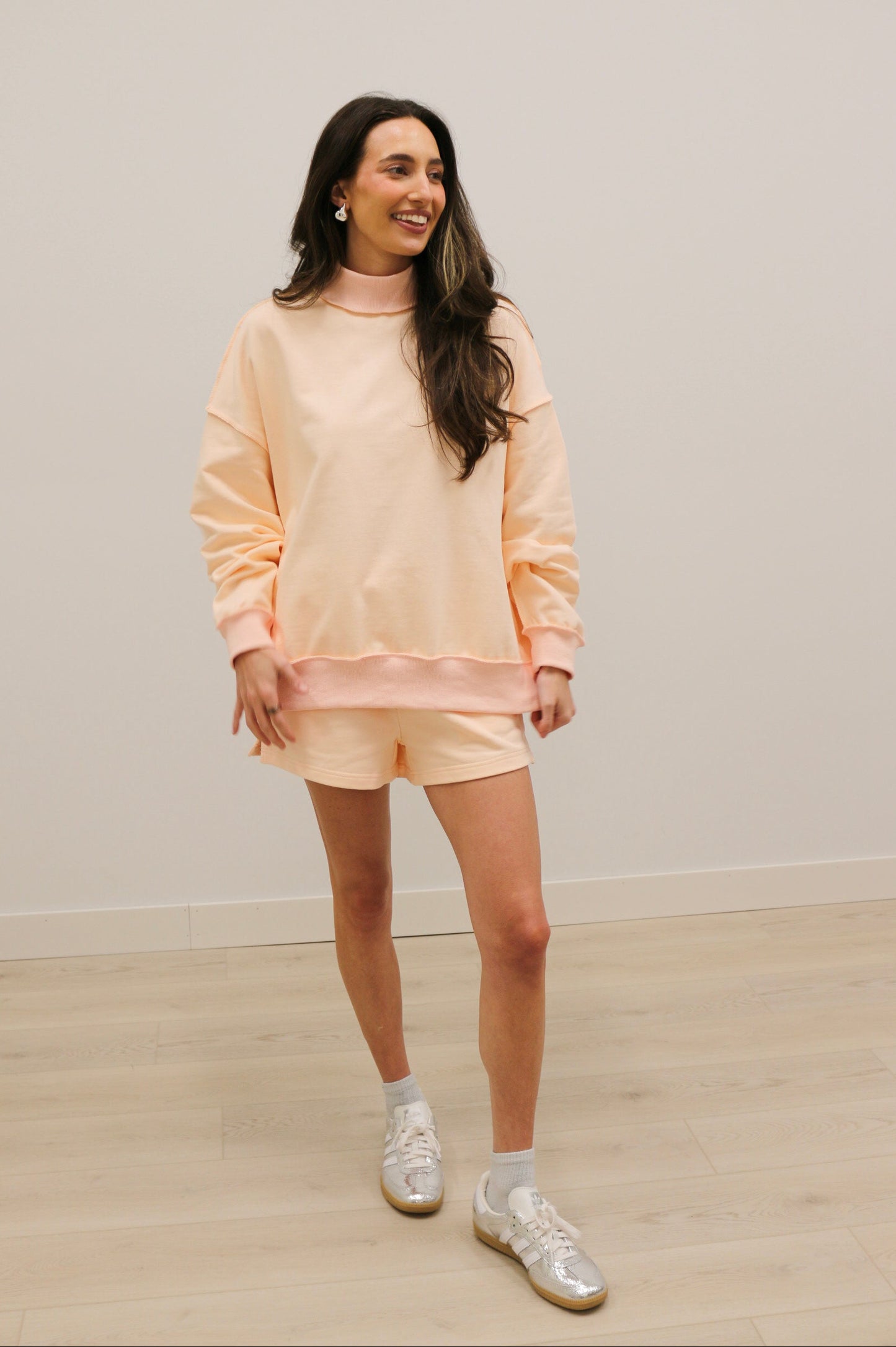 Paige Soft Knit Drop Shoulder Mock Neck Pullover Sweatshirt - Baby Pink