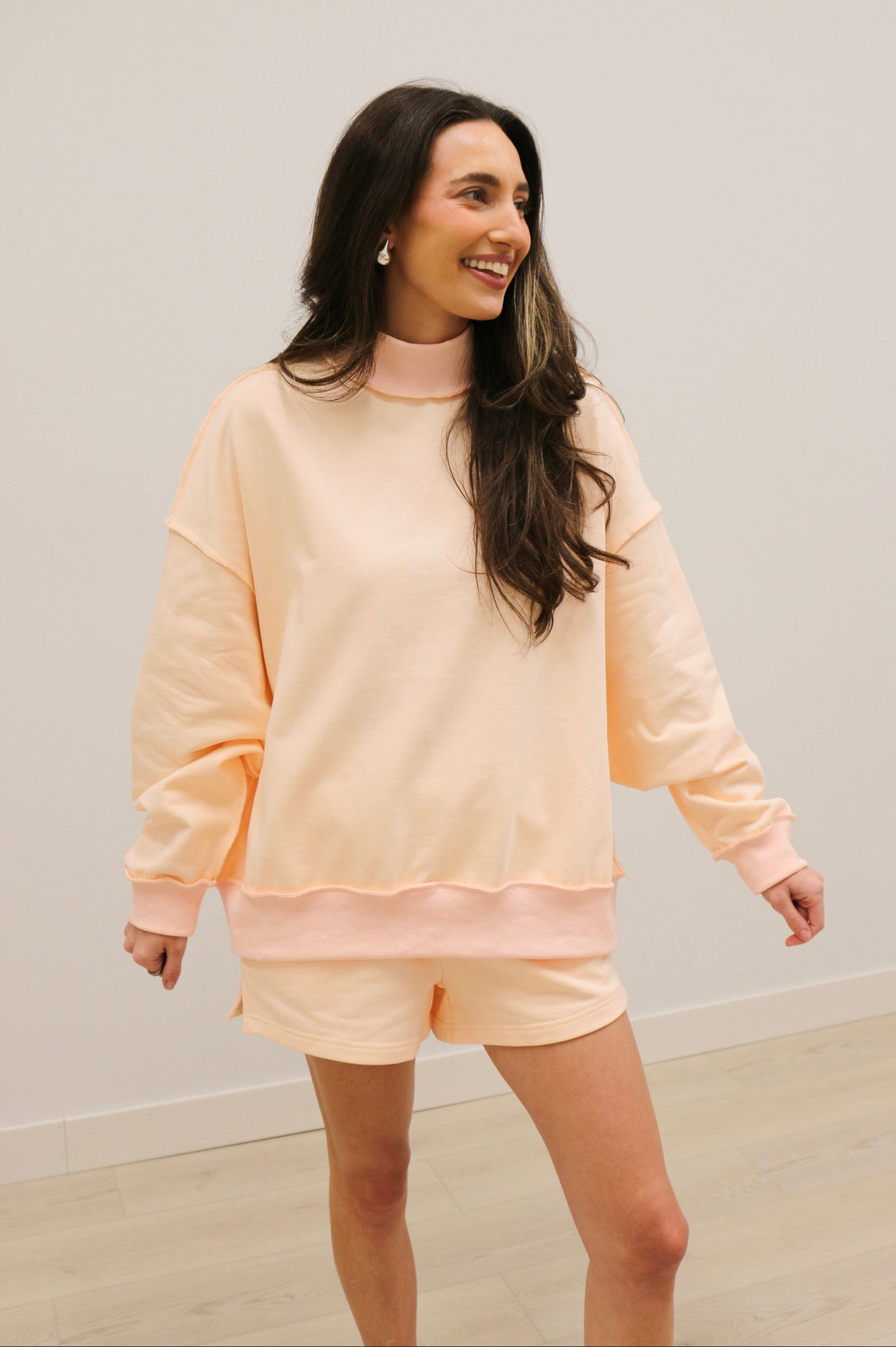 Paige Soft Knit Drop Shoulder Mock Neck Pullover Sweatshirt - Baby Pink
