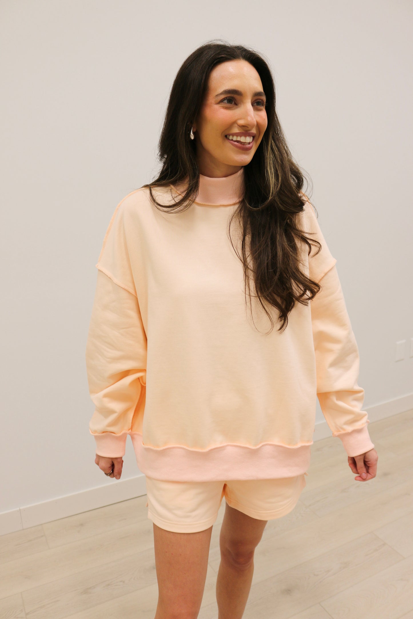 Paige Soft Knit Drop Shoulder Mock Neck Pullover Sweatshirt - Baby Pink
