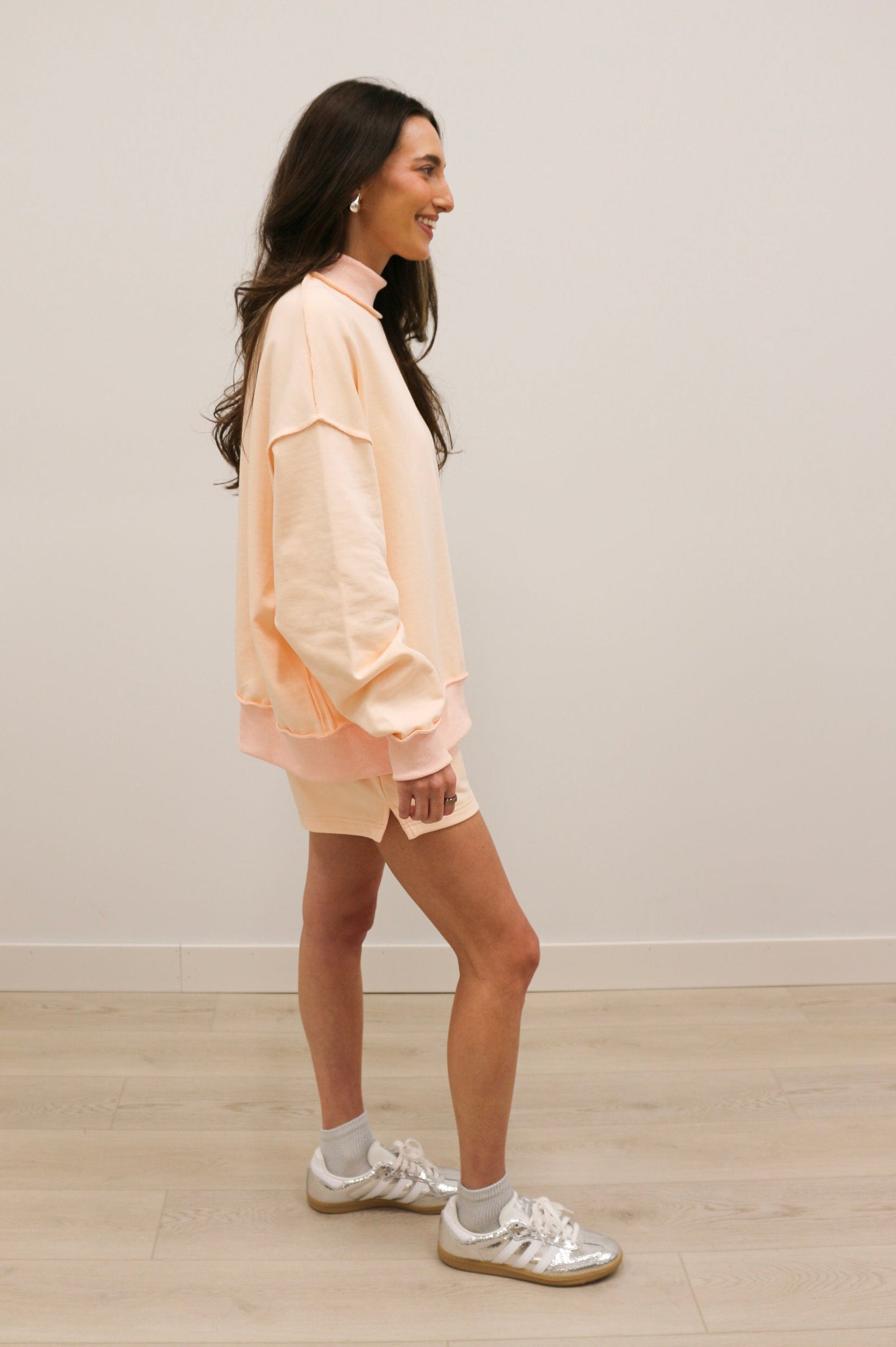 Paige Soft Knit Drop Shoulder Mock Neck Pullover Sweatshirt - Baby Pink