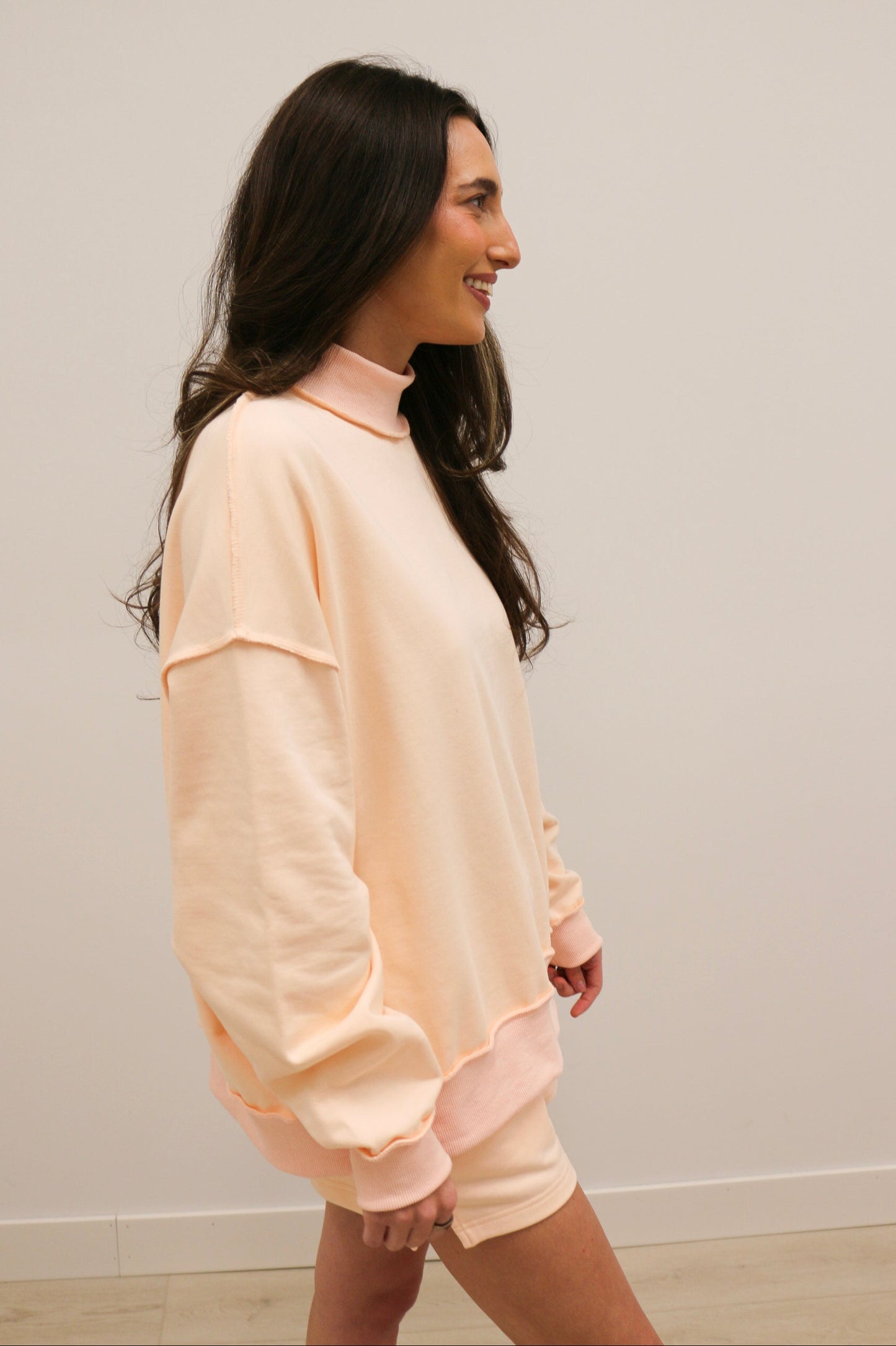 Paige Soft Knit Drop Shoulder Mock Neck Pullover Sweatshirt - Baby Pink